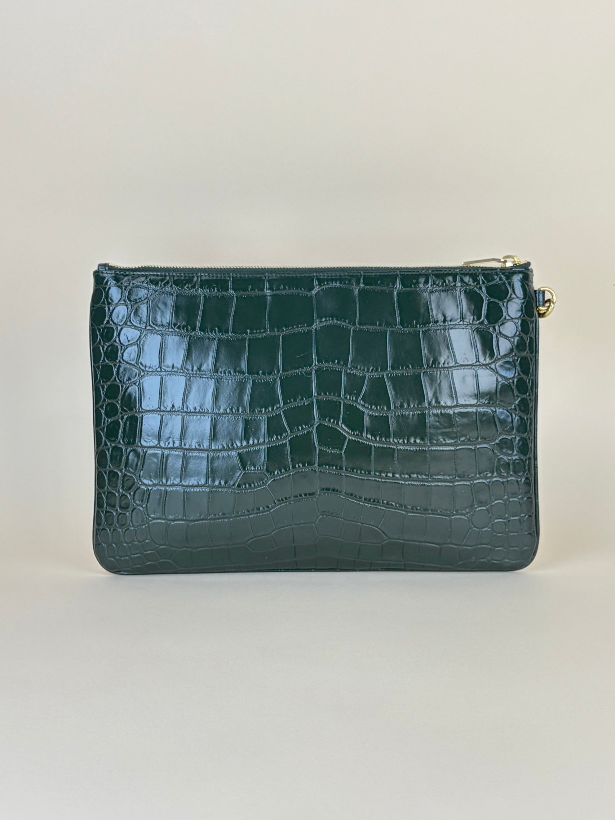YSL Dark Green Calfskin Crocodile Embossed Tablet Pouch