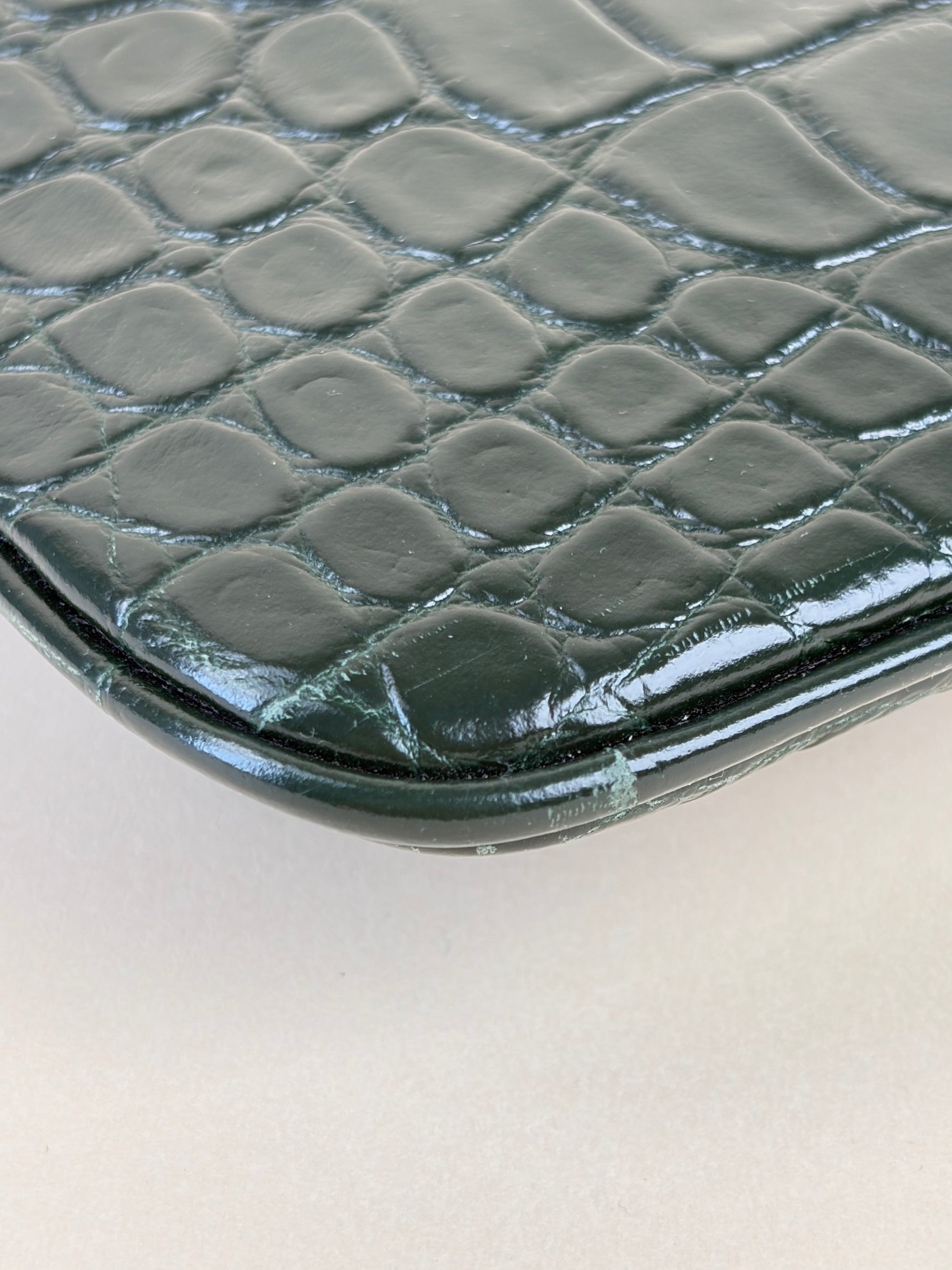 YSL Dark Green Calfskin Crocodile Embossed Tablet Pouch