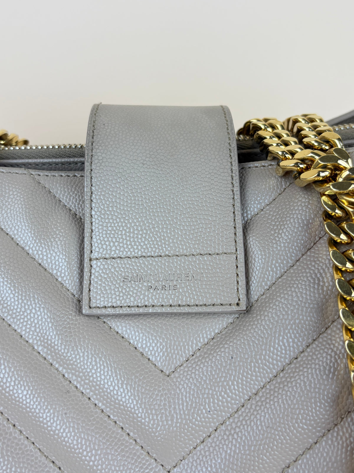 YSL dark beige grain de pouder leather monogram shopping bag
