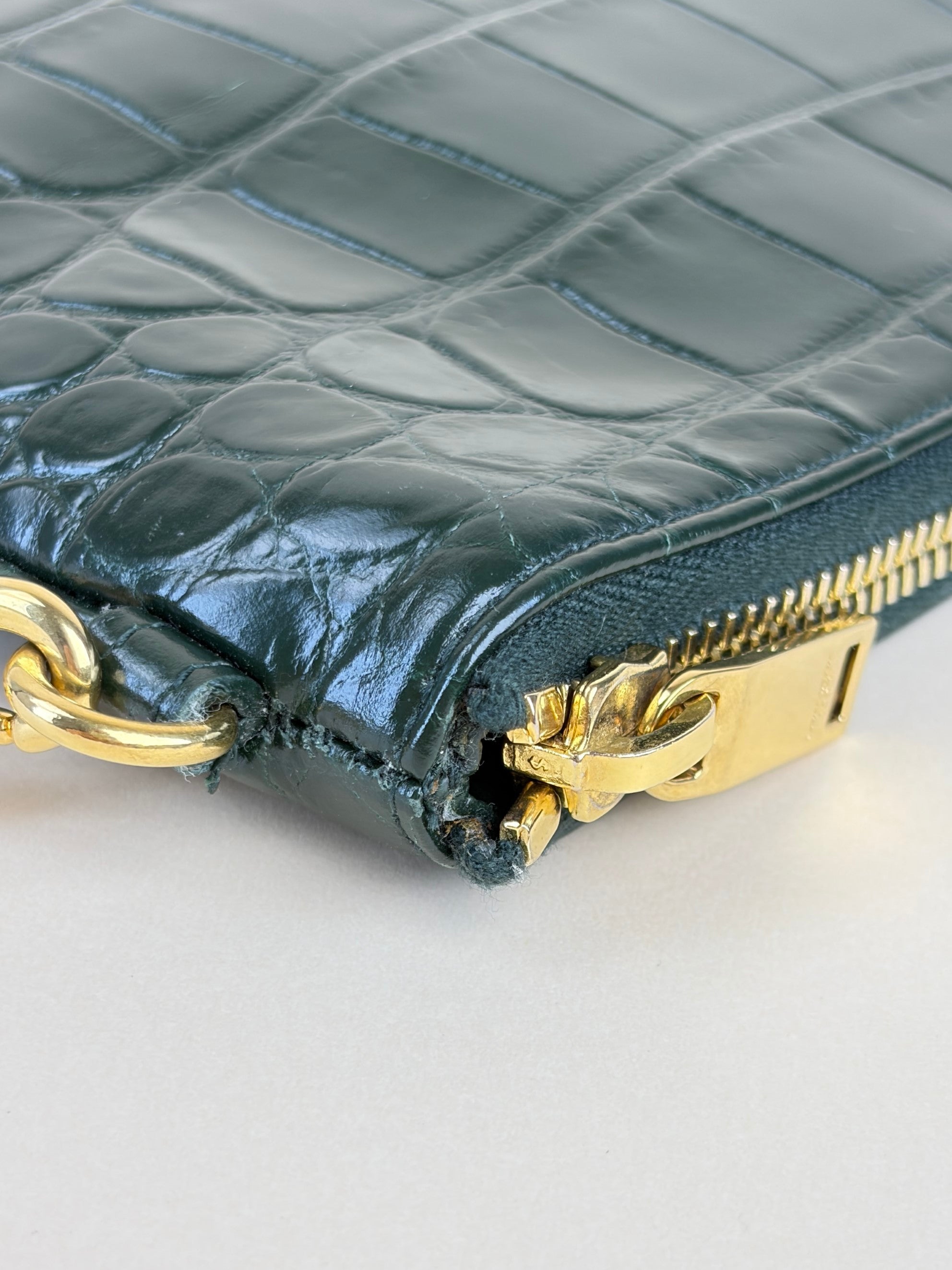 YSL Dark Green Calfskin Crocodile Embossed Tablet Pouch