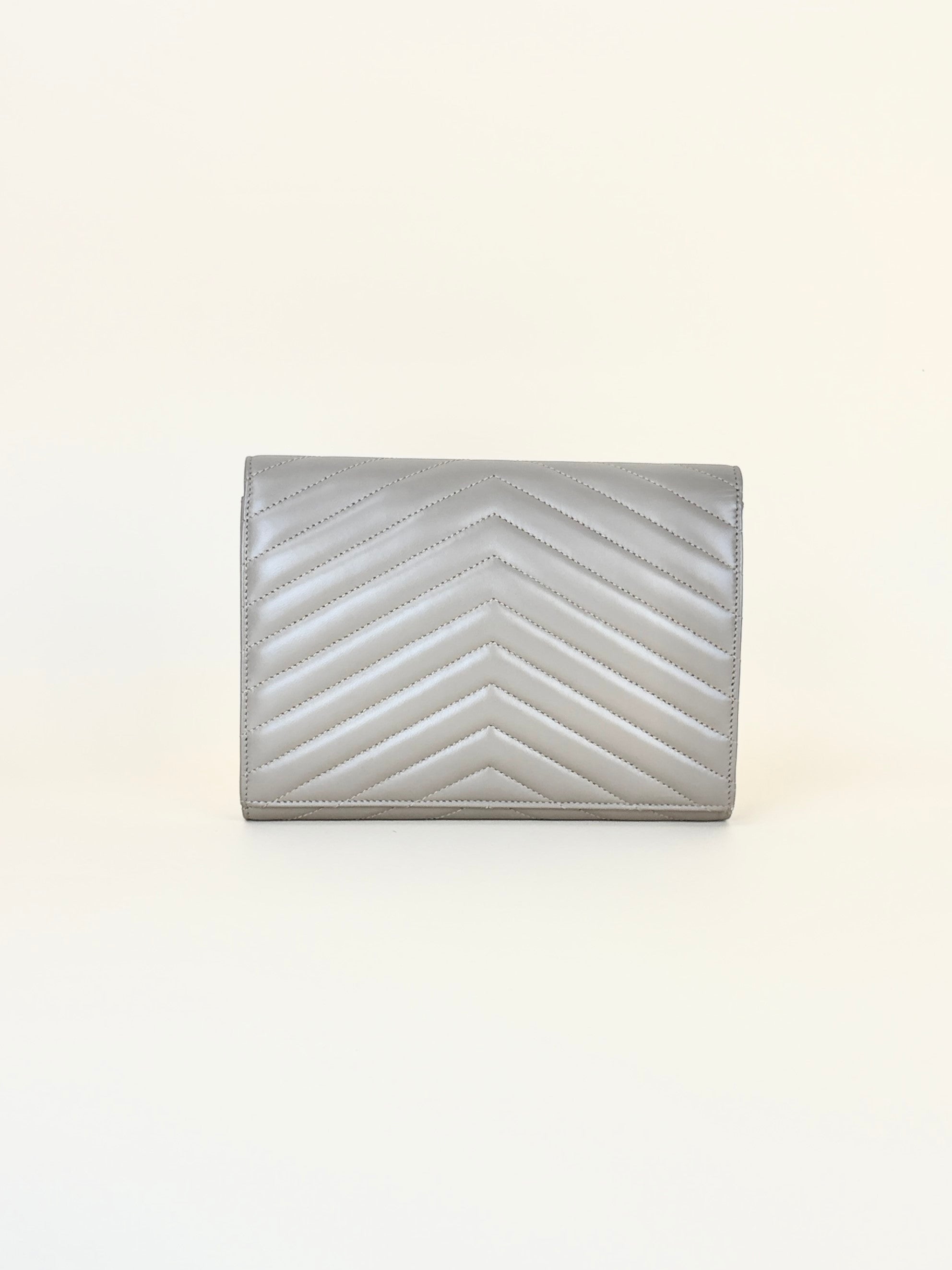 YSL Dark Beige Matelasse Chevron Monogram Cassandre Flap Pouch
