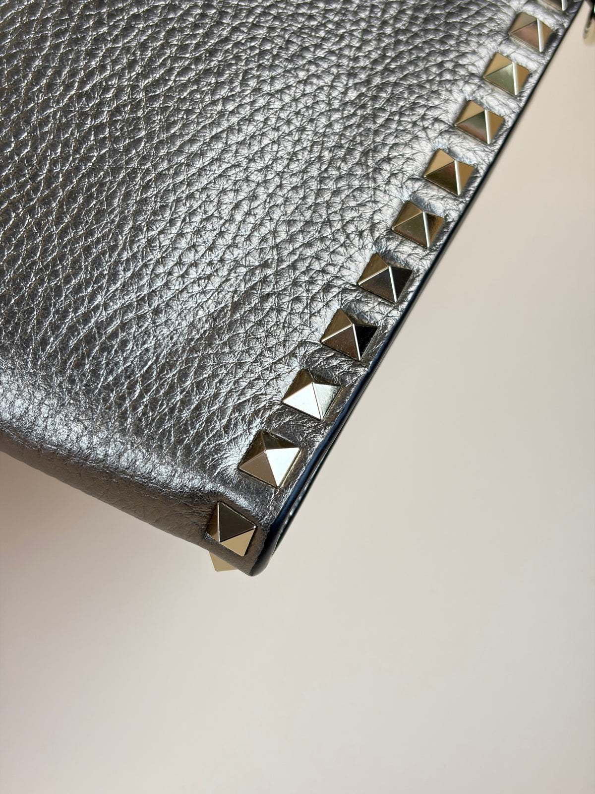 Valentino metallic gold pebbled calfskin rock stud medium zip pouch