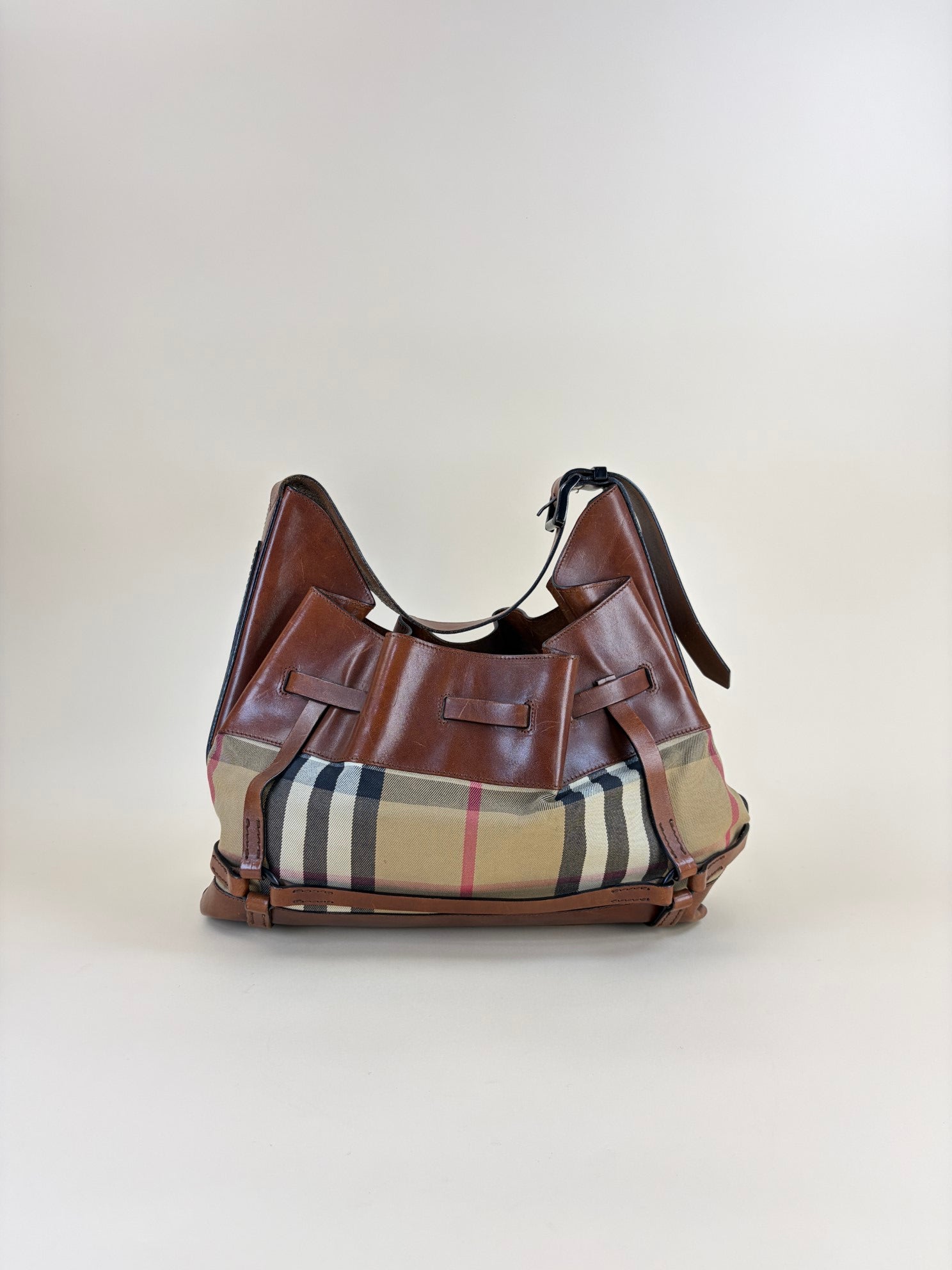 Burberry Bicolor Bridle Kenton Hobo House Check Shoulder Bag