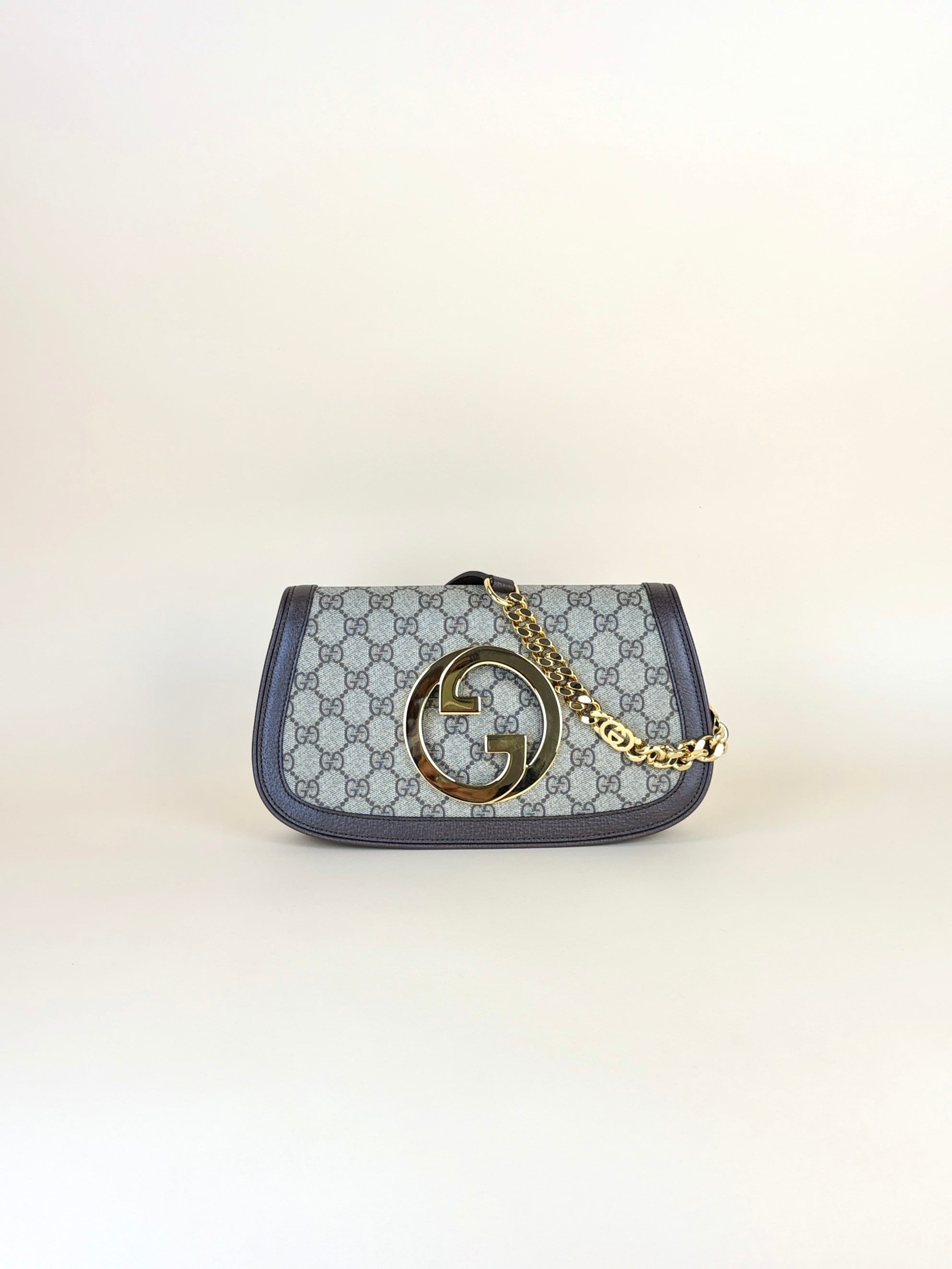Gucci Ebony New Acero GG Supreme Monogram Blondie Chain Shoulder Flap Bag with Strap