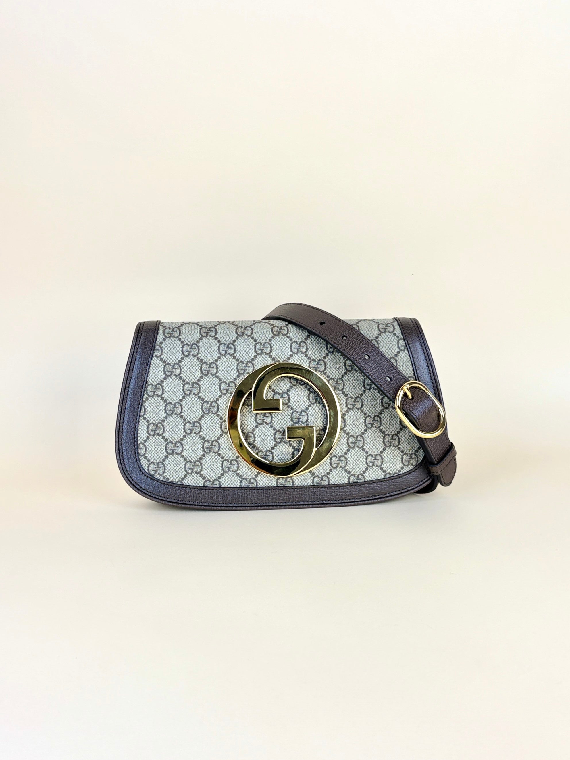 Gucci Ebony New Acero GG Supreme Monogram Blondie Chain Shoulder Flap Bag with Strap