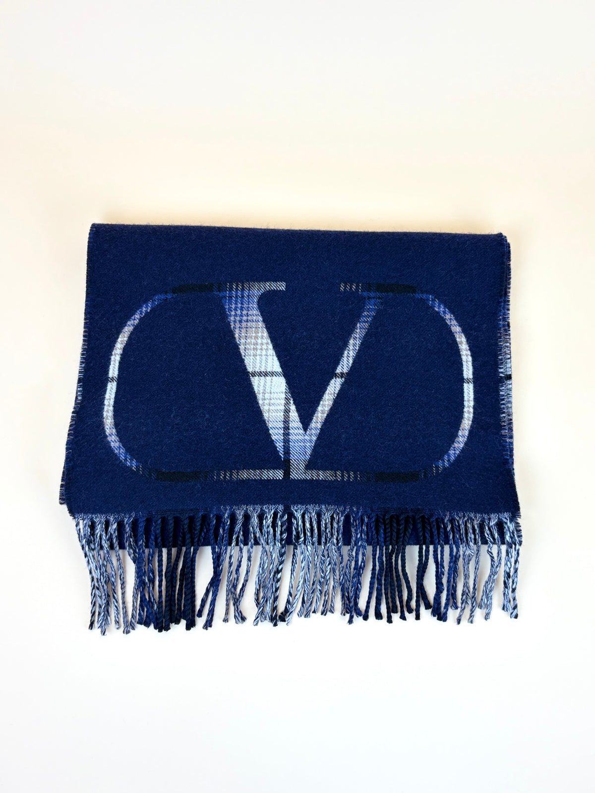 Valentino navy and checked V logo signature fringed sdges wool cashmere scarf