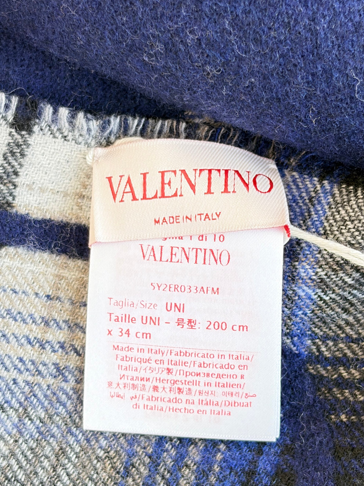 Valentino navy and checked V logo signature fringed sdges wool cashmere scarf