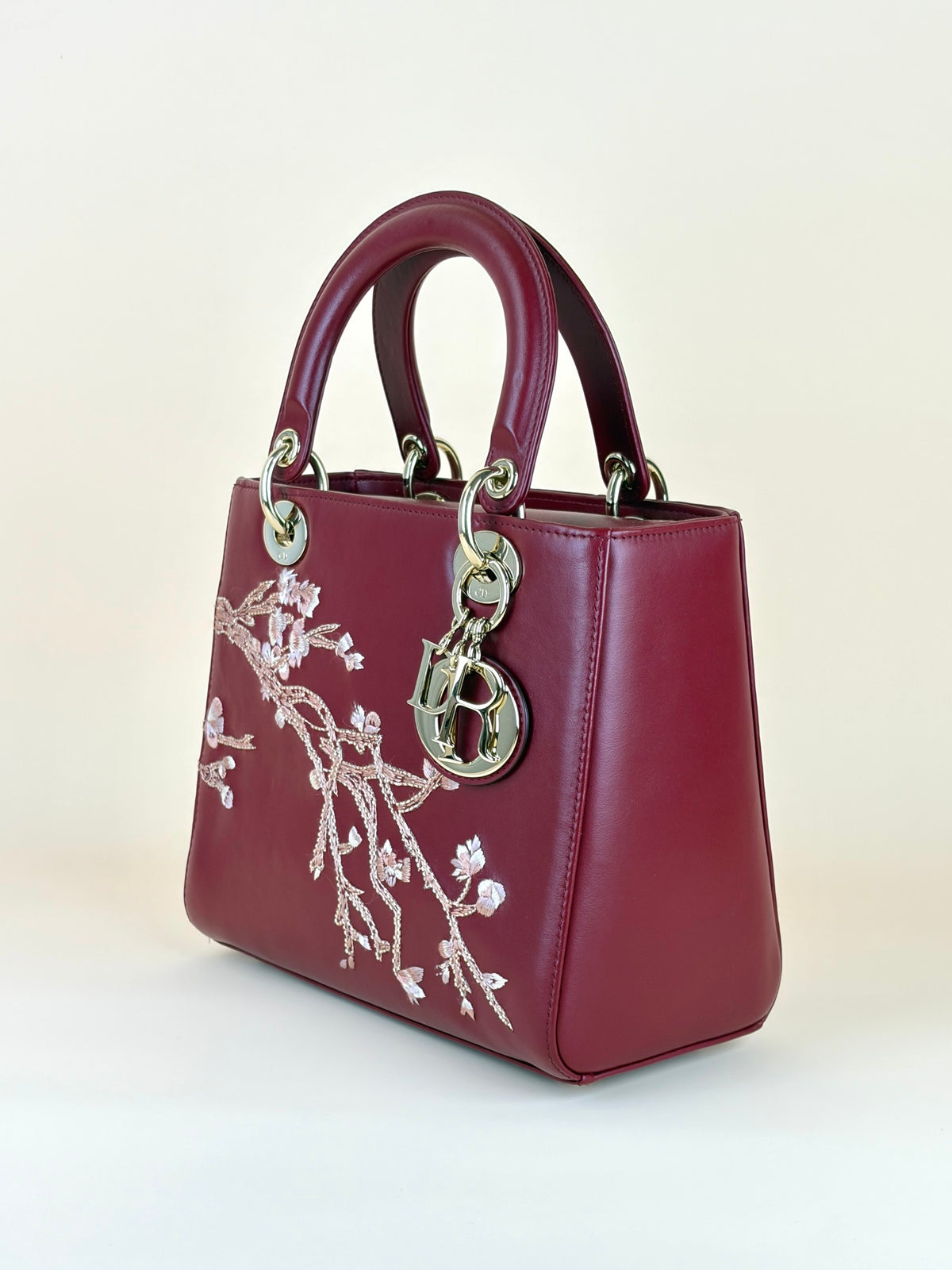 Christian Dior Burgandy calfskin cherry blossom Lady Dior Medium Bag
