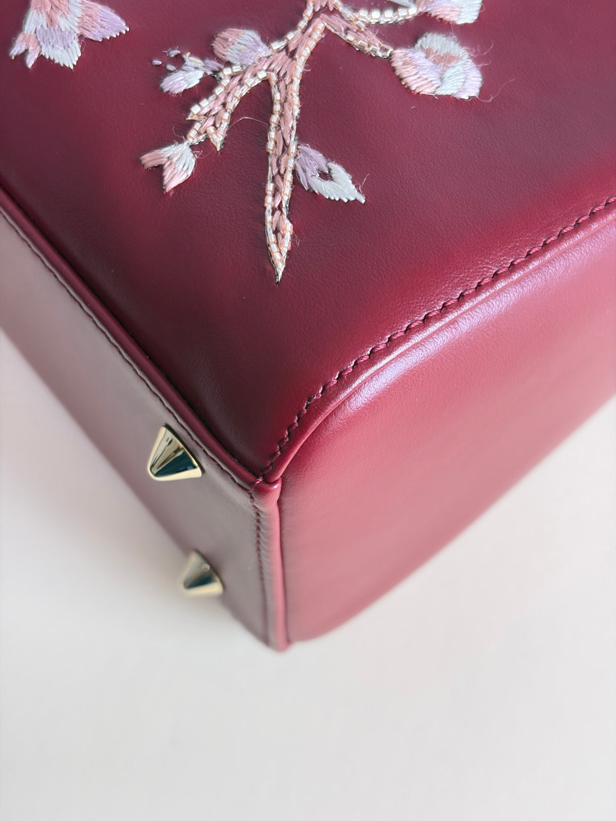 Christian Dior Burgandy calfskin cherry blossom Lady Dior Medium Bag
