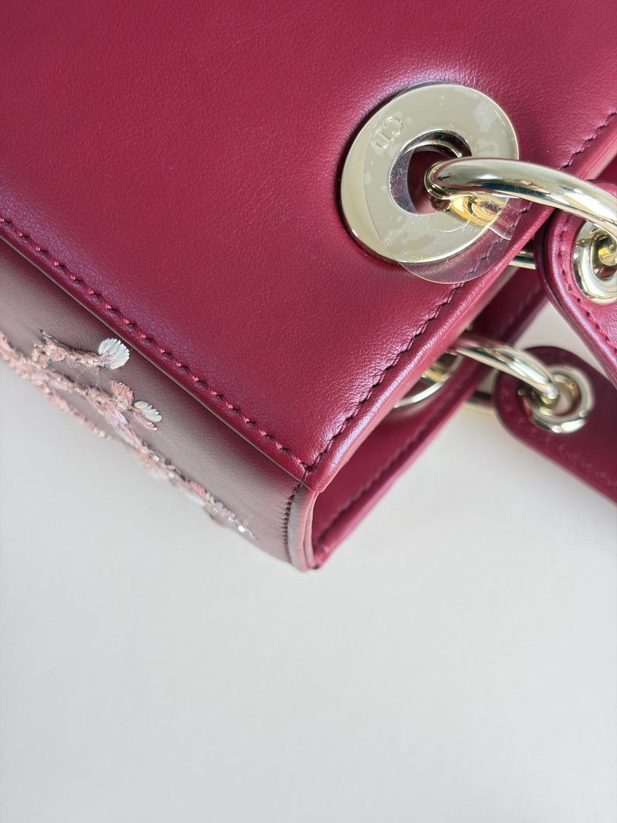 Christian Dior Burgandy calfskin cherry blossom Lady Dior Medium Bag