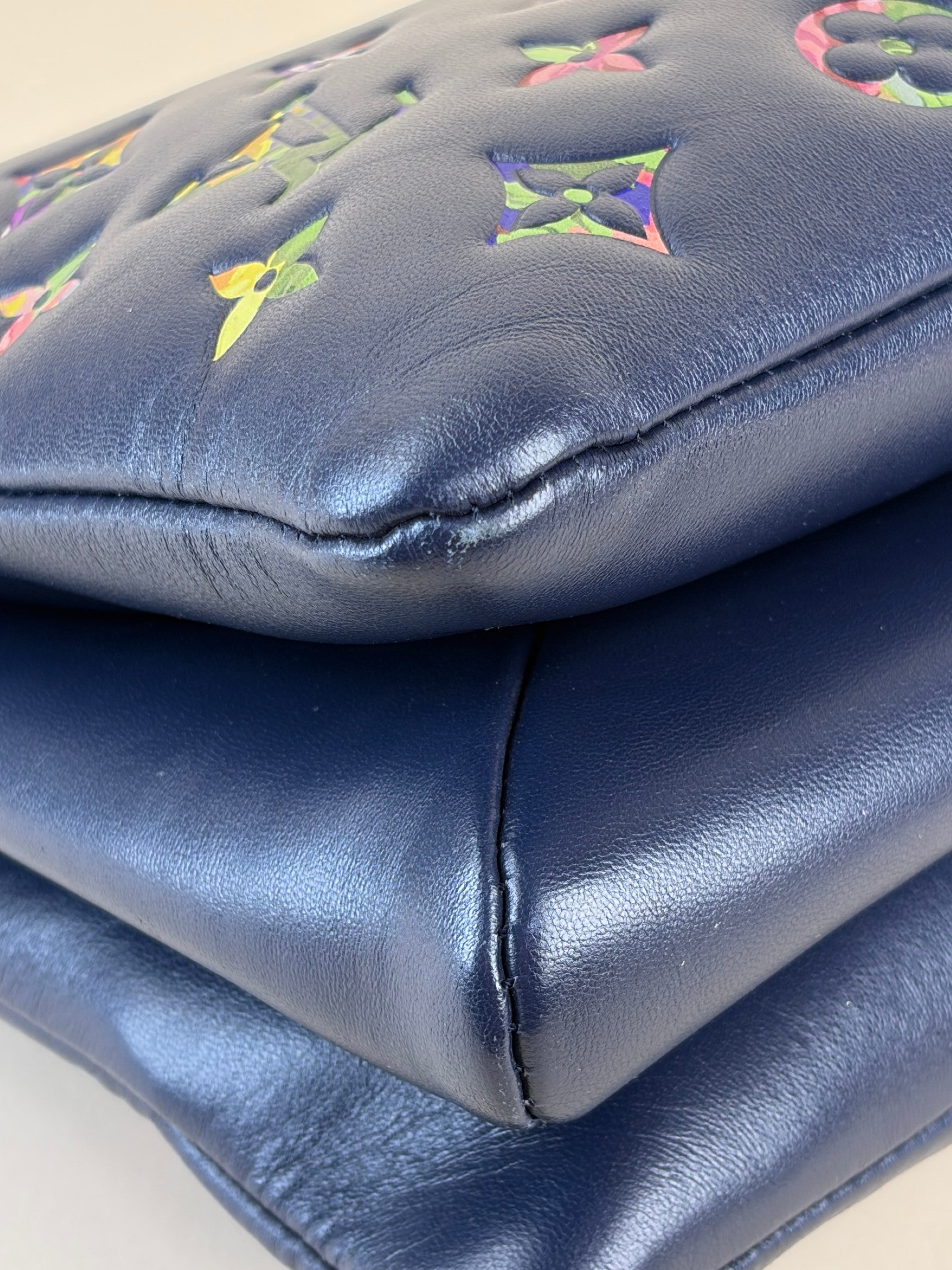 louis Vuitton navy blue lambskin embossed monogram lv garden coissin pm