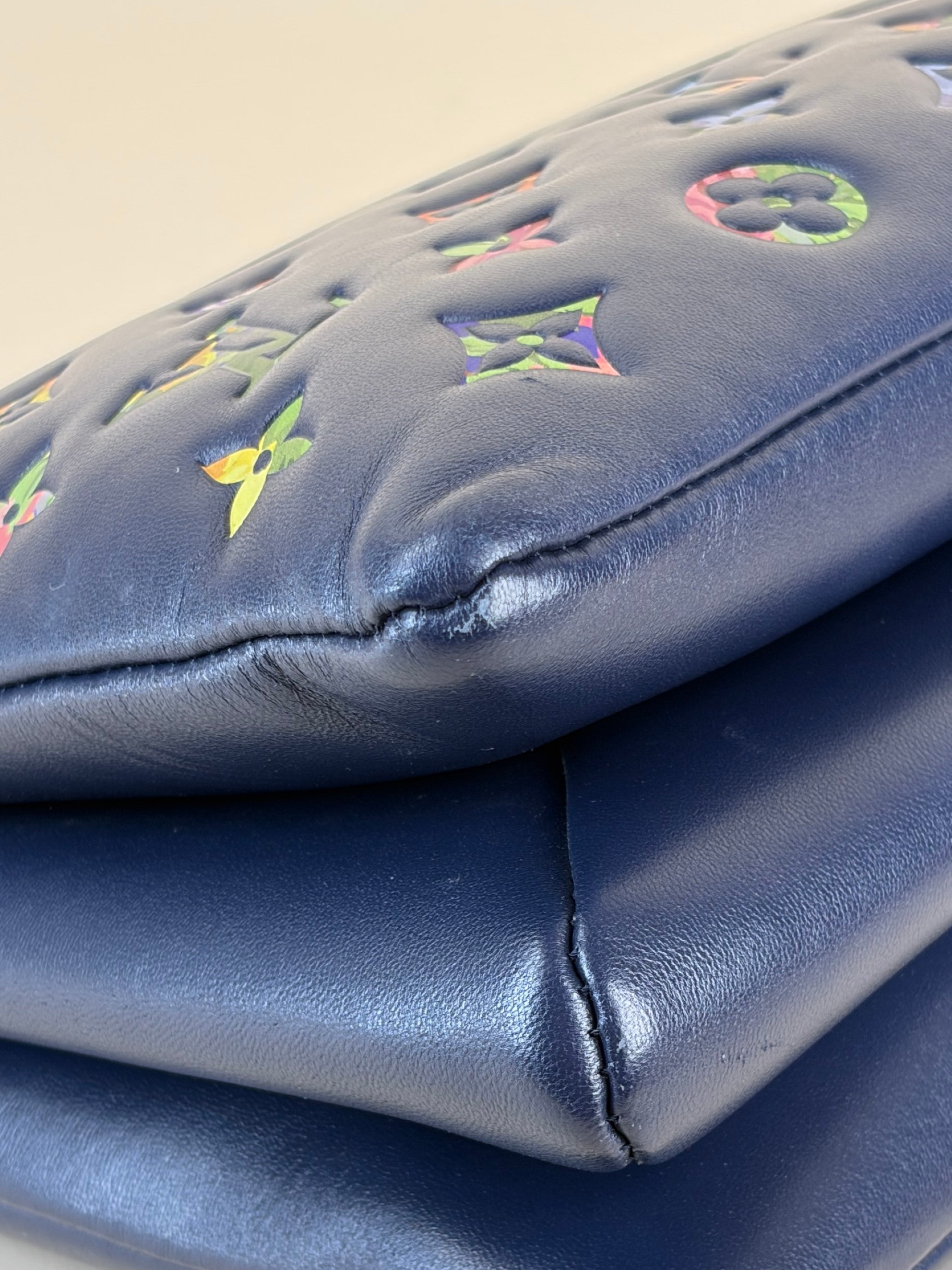 louis Vuitton navy blue lambskin embossed monogram lv garden coissin pm