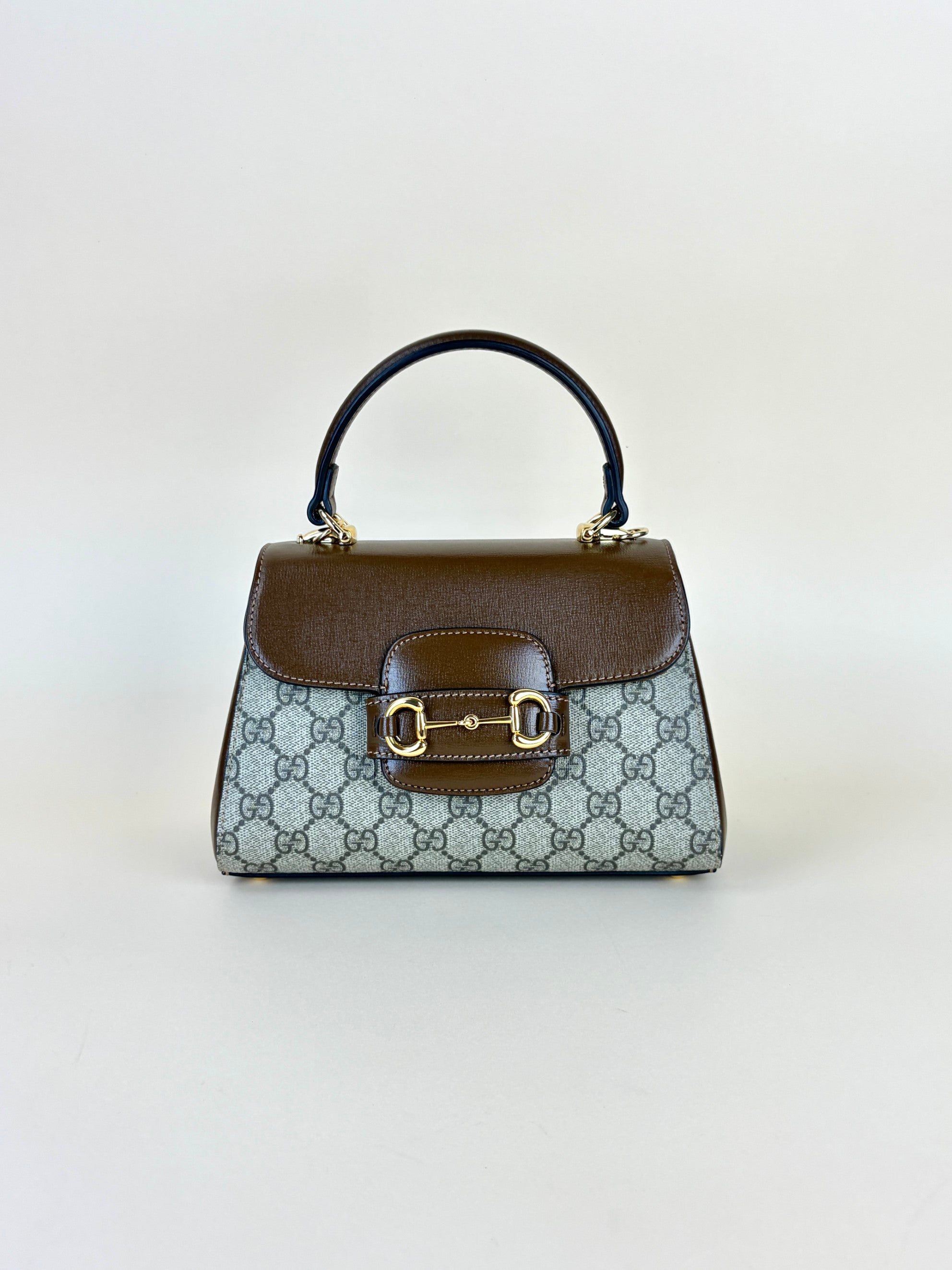 Gucci horse bit 1955 mini brown leather gg supreme canvas tote bag