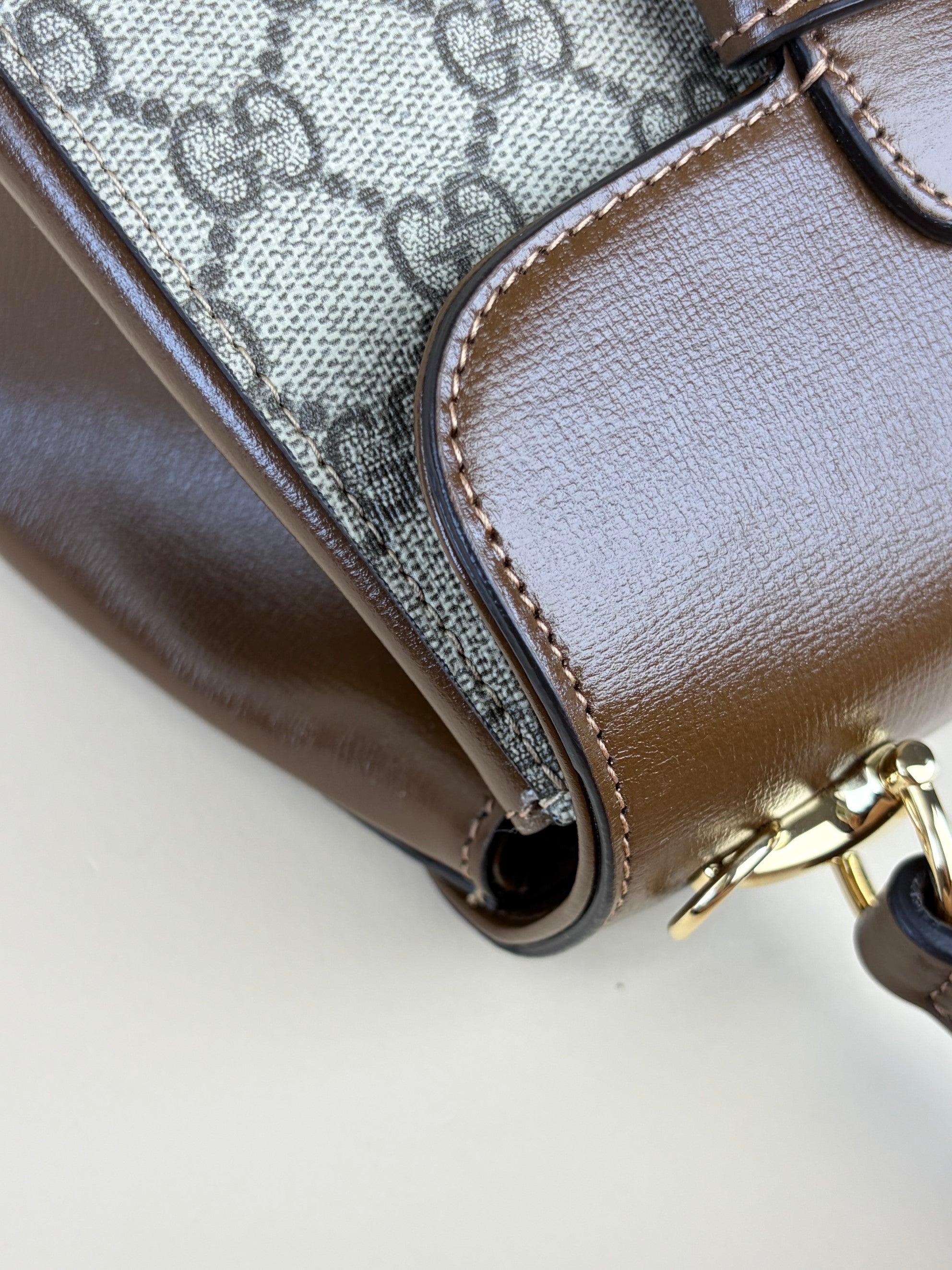 Gucci horse bit 1955 mini brown leather gg supreme canvas tote bag