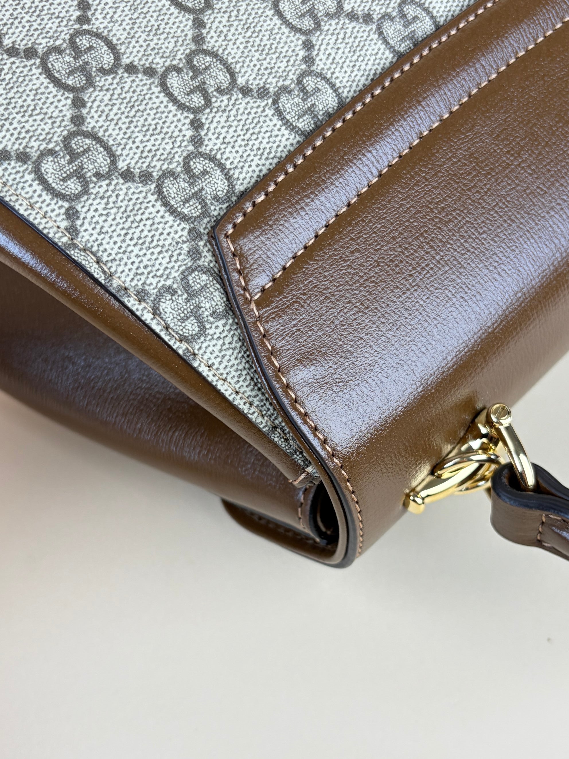 Gucci horse bit 1955 mini brown leather gg supreme canvas tote bag