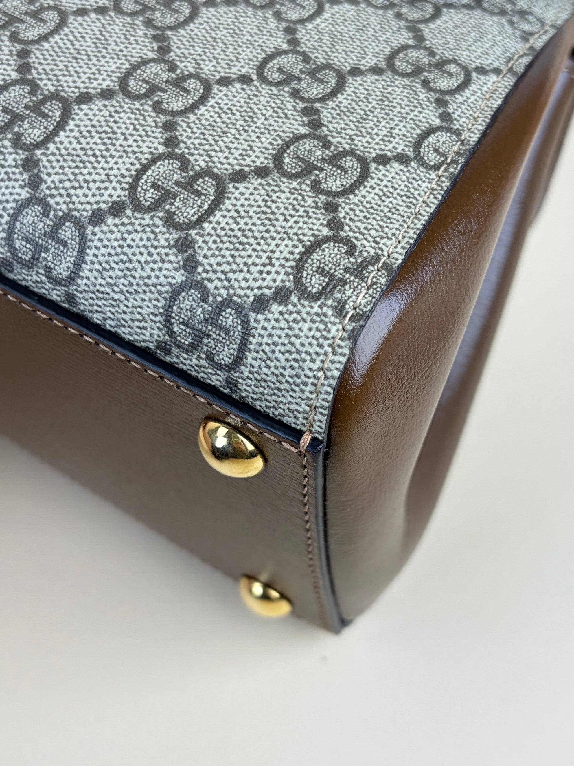 Gucci horse bit 1955 mini brown leather gg supreme canvas tote bag