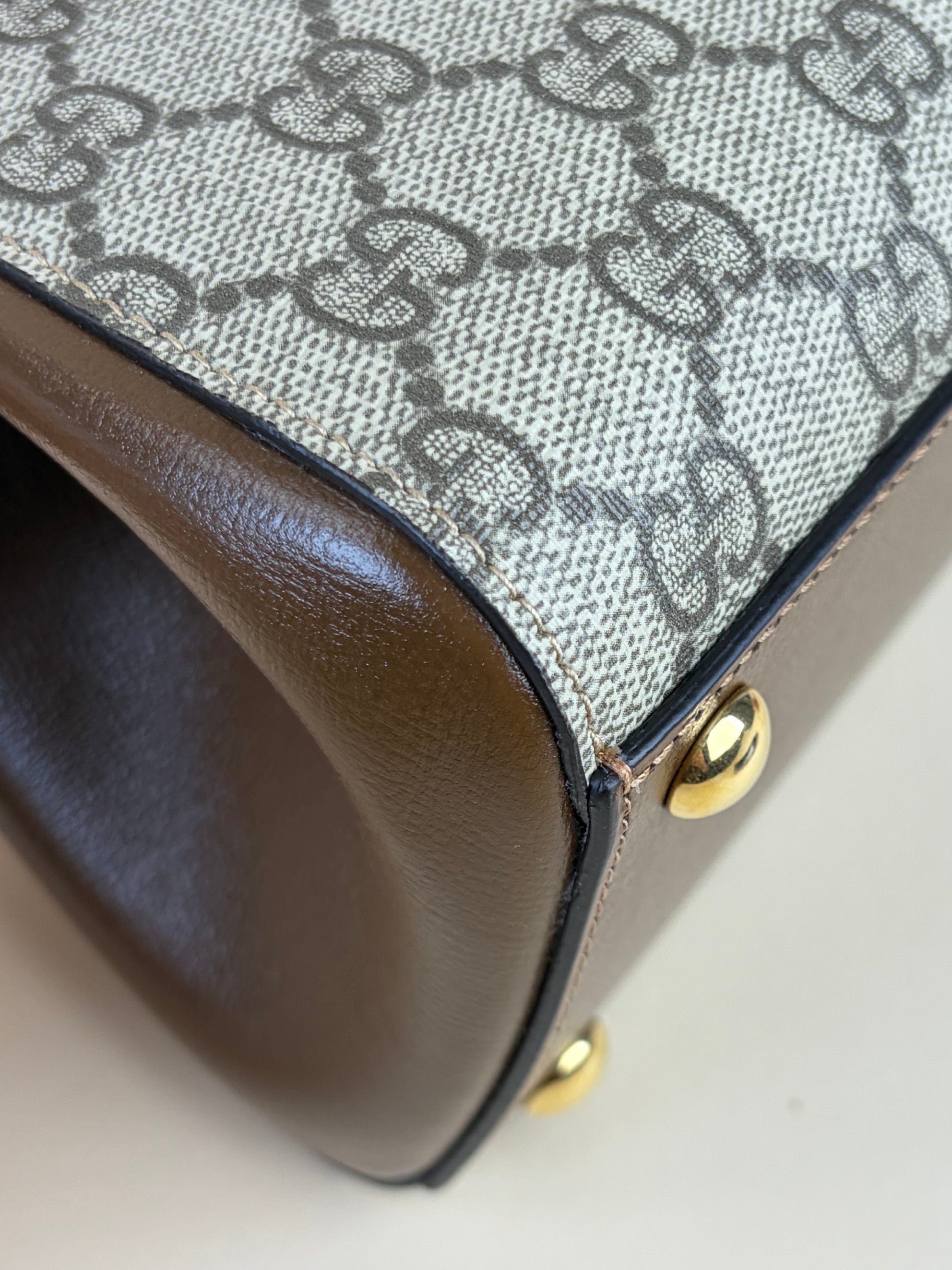 Gucci horse bit 1955 mini brown leather gg supreme canvas tote bag