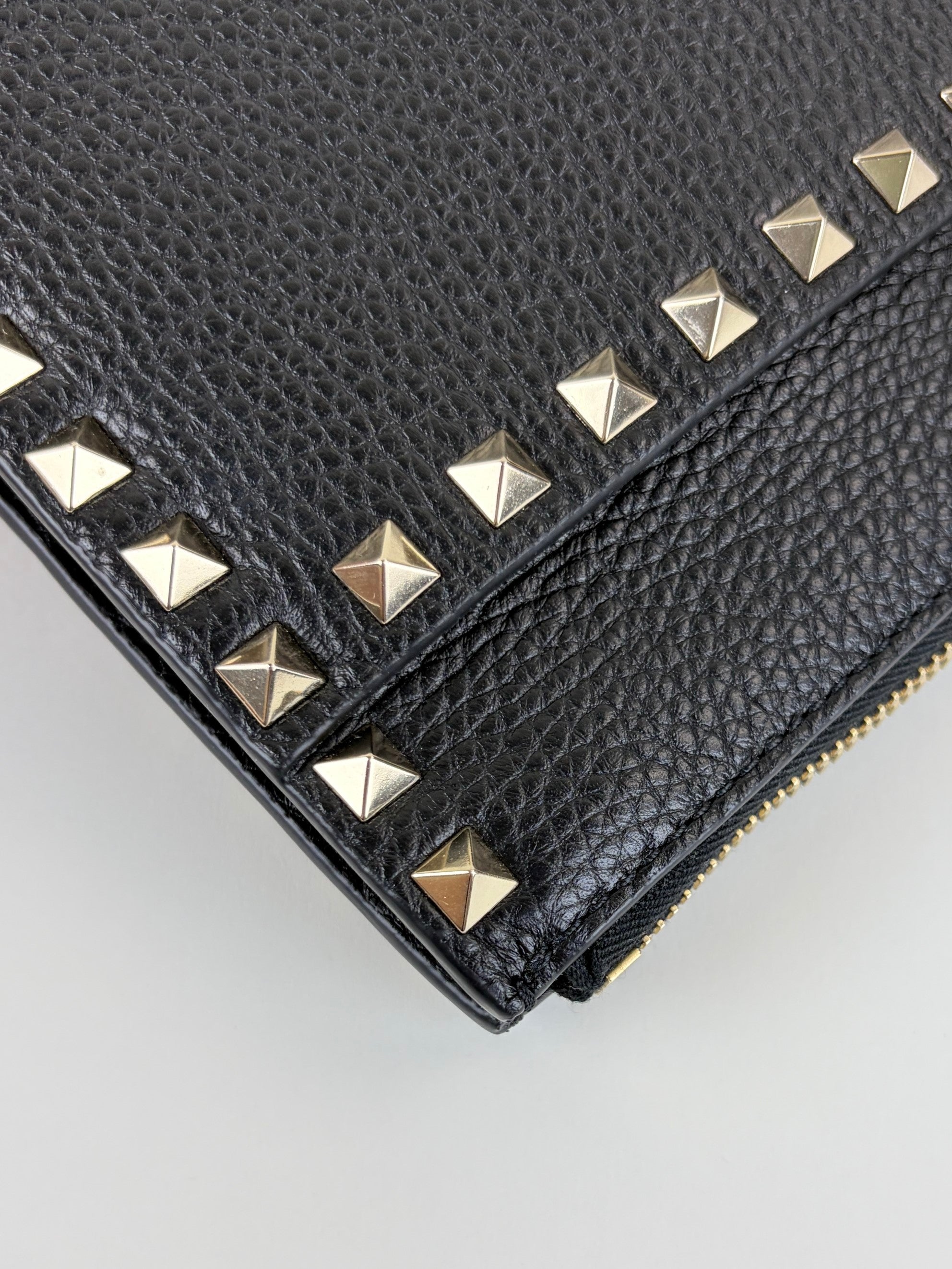 Valentino Black pebbled calfskin rock stud medium zip pouch