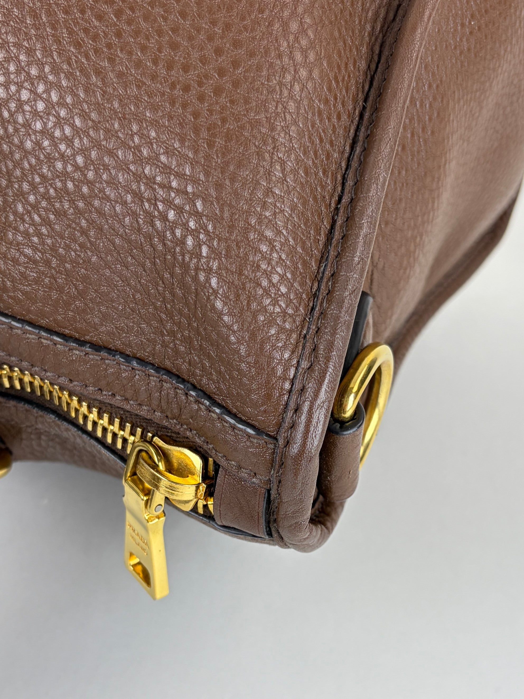 Prada Vitello Daino leather zip brown tote bag