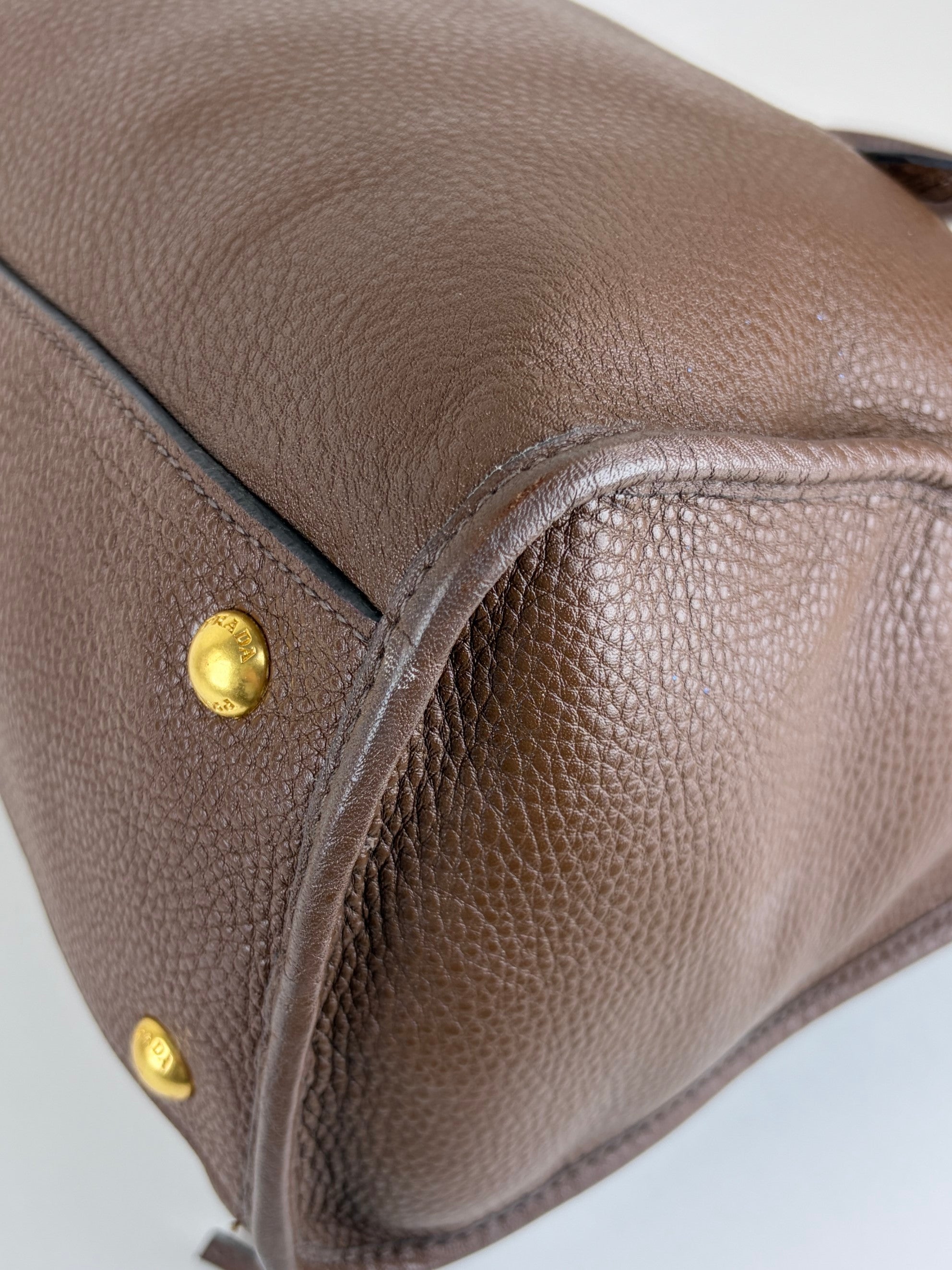 Prada Vitello Daino leather zip brown tote bag
