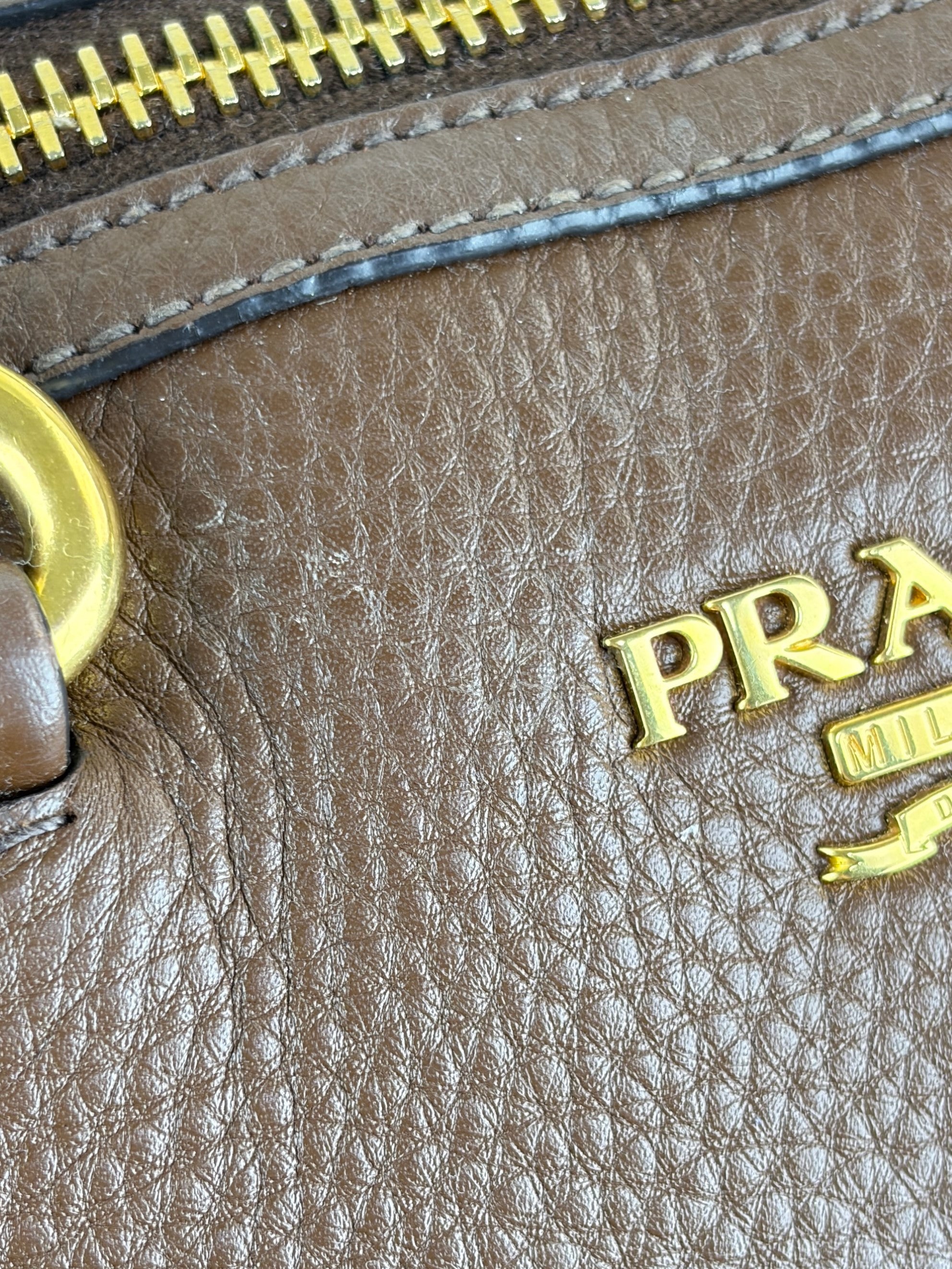 Prada Vitello Daino leather zip brown tote bag
