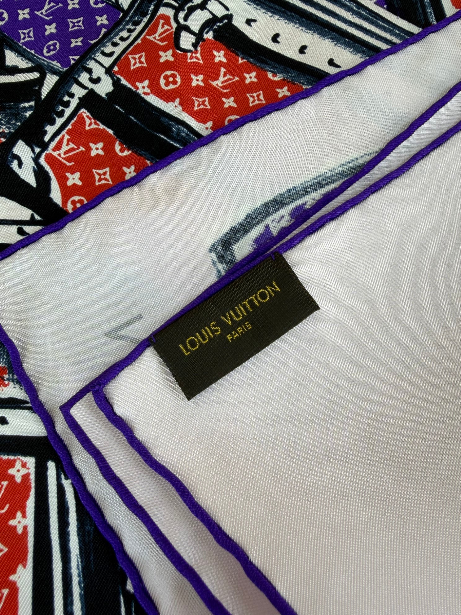 Louis Vuitton Red Monogram trunks square black /red/purple Monogram Silk scarf