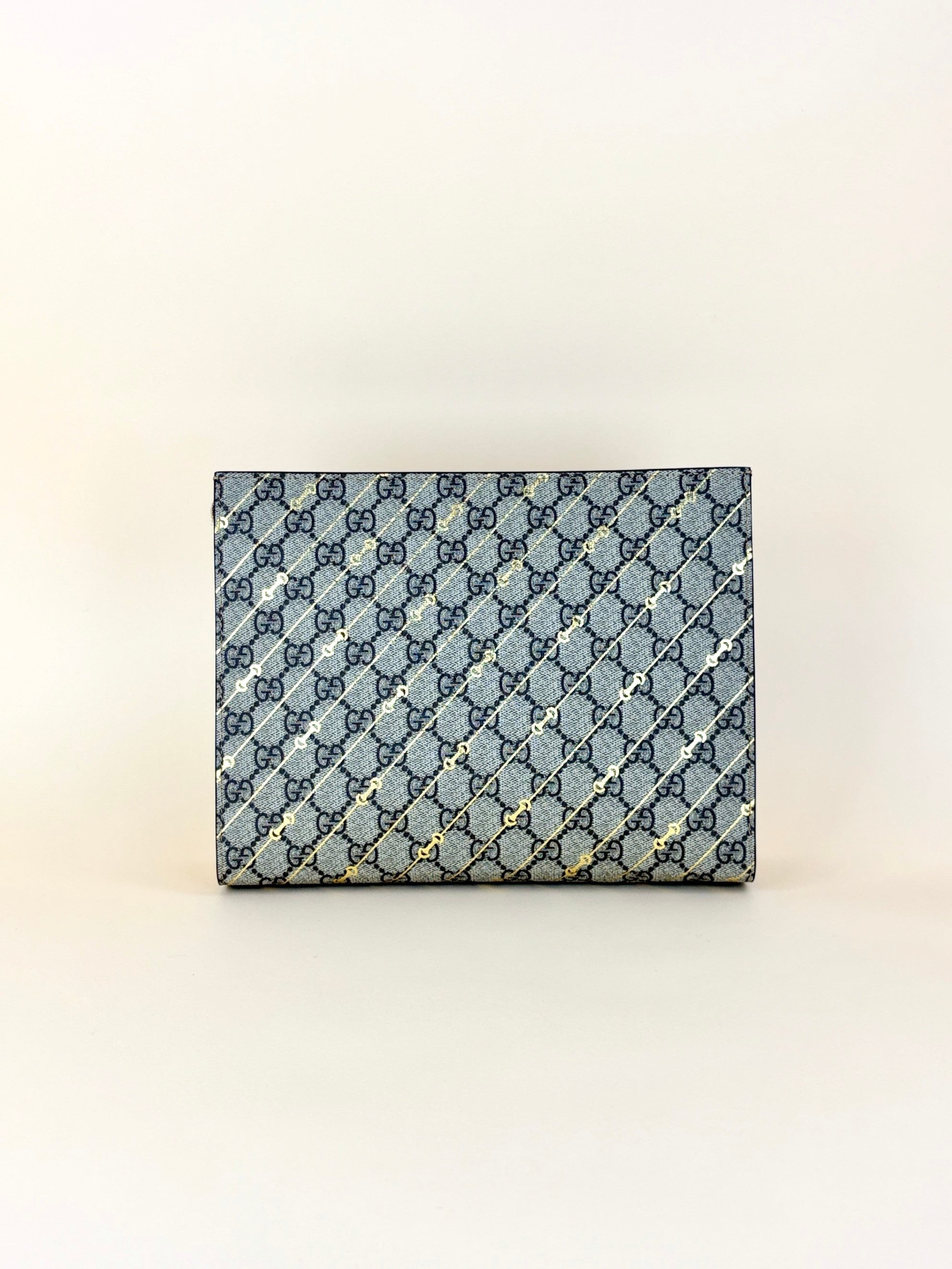 Gucci beige gg supreme monogram canvas and calfskin with gold horse bit print pouch