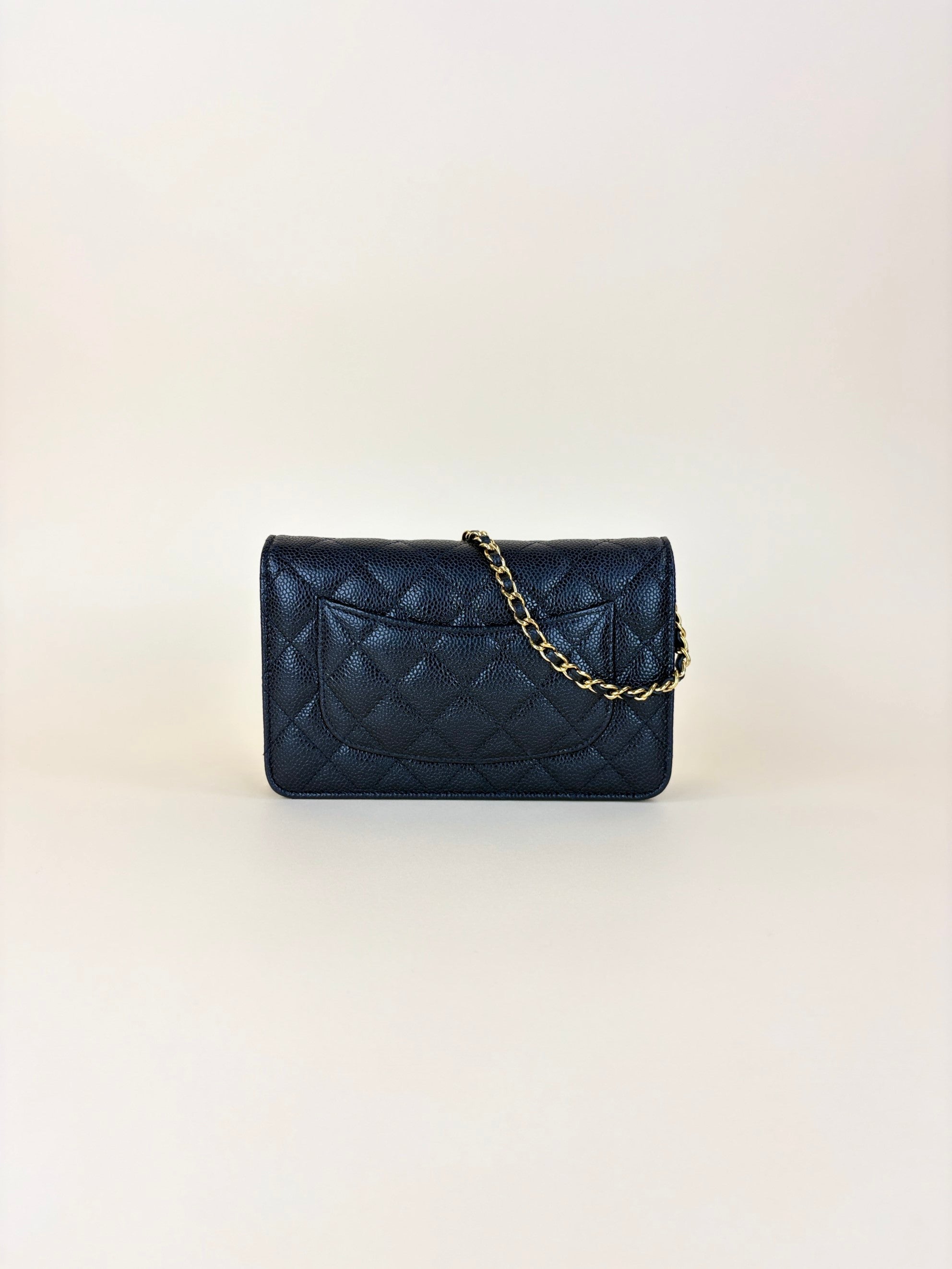 Chanel black caviar quilted wallet on chain