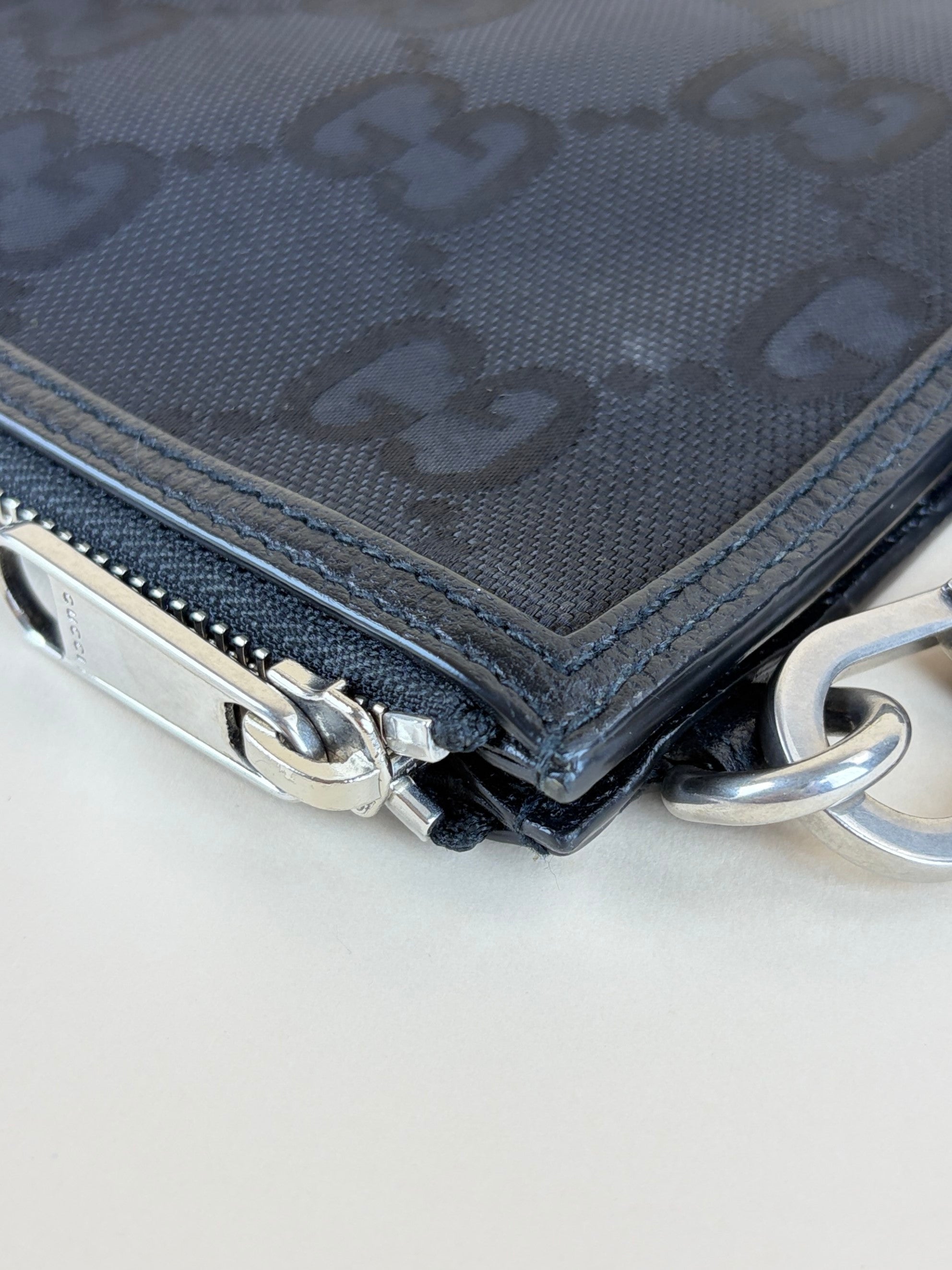 gucci black -off the grid leather- trimmed monogramed econyl canvas pouch