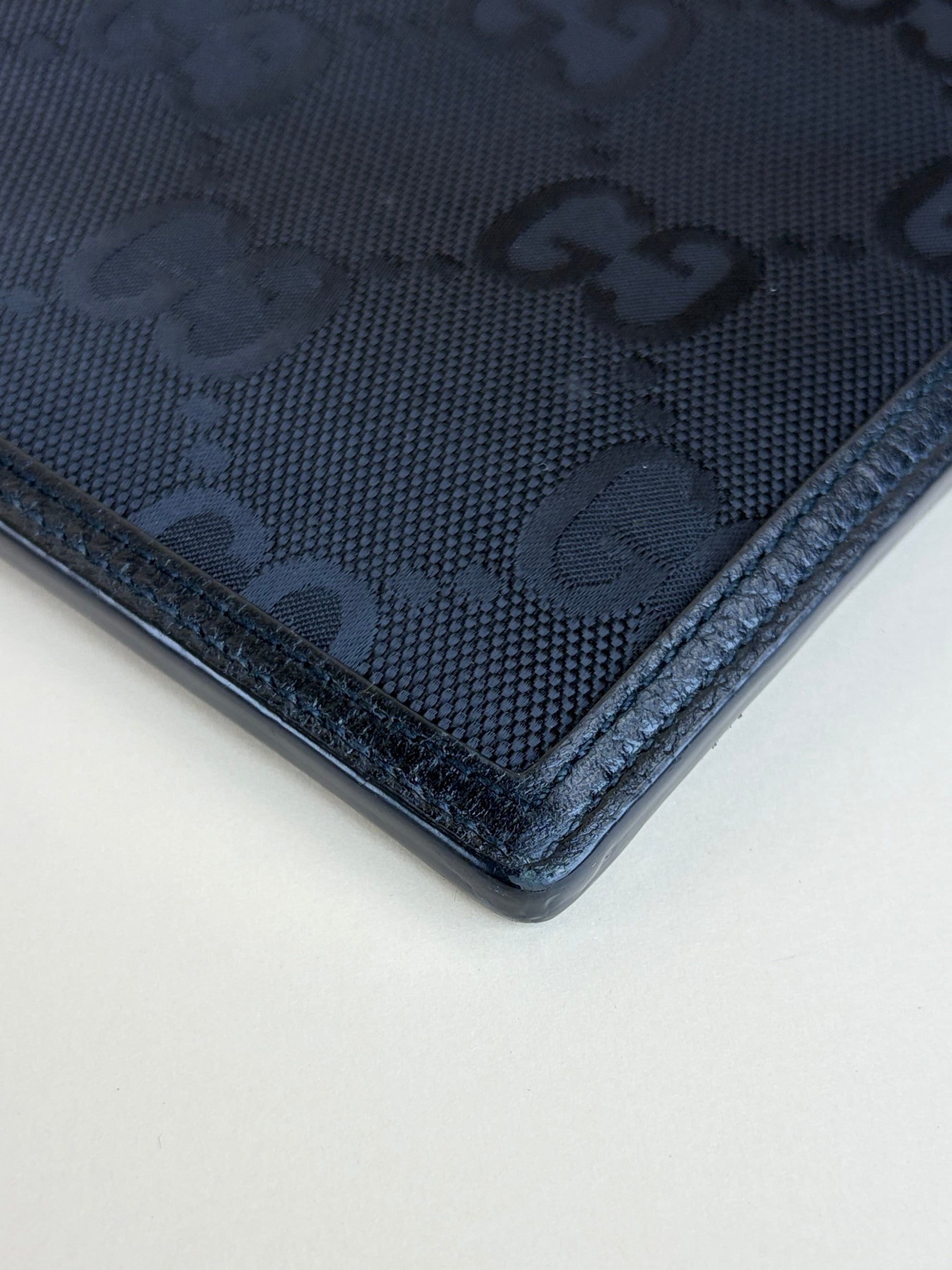 gucci black -off the grid leather- trimmed monogramed econyl canvas pouch
