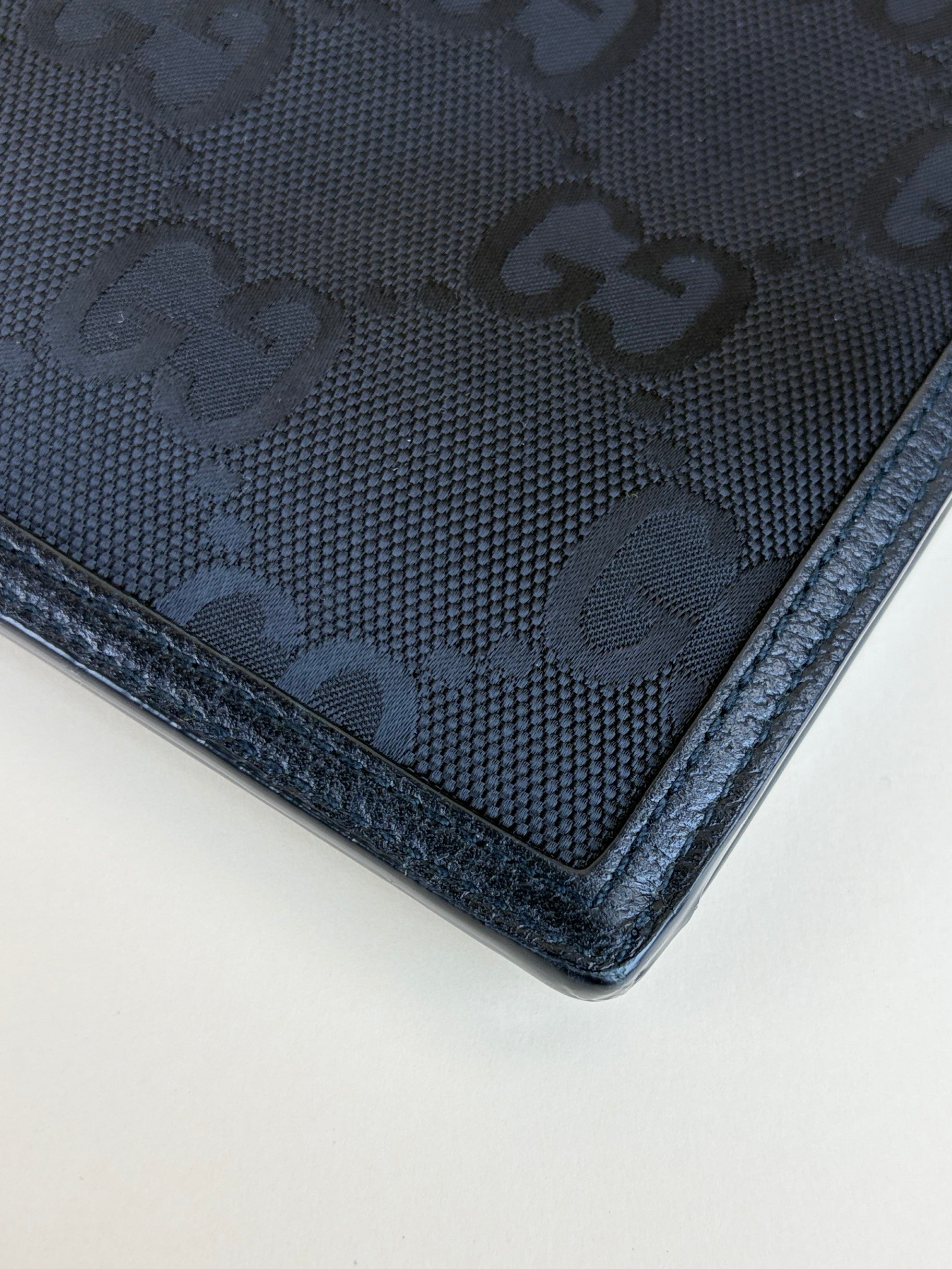 gucci black -off the grid leather- trimmed monogramed econyl canvas pouch