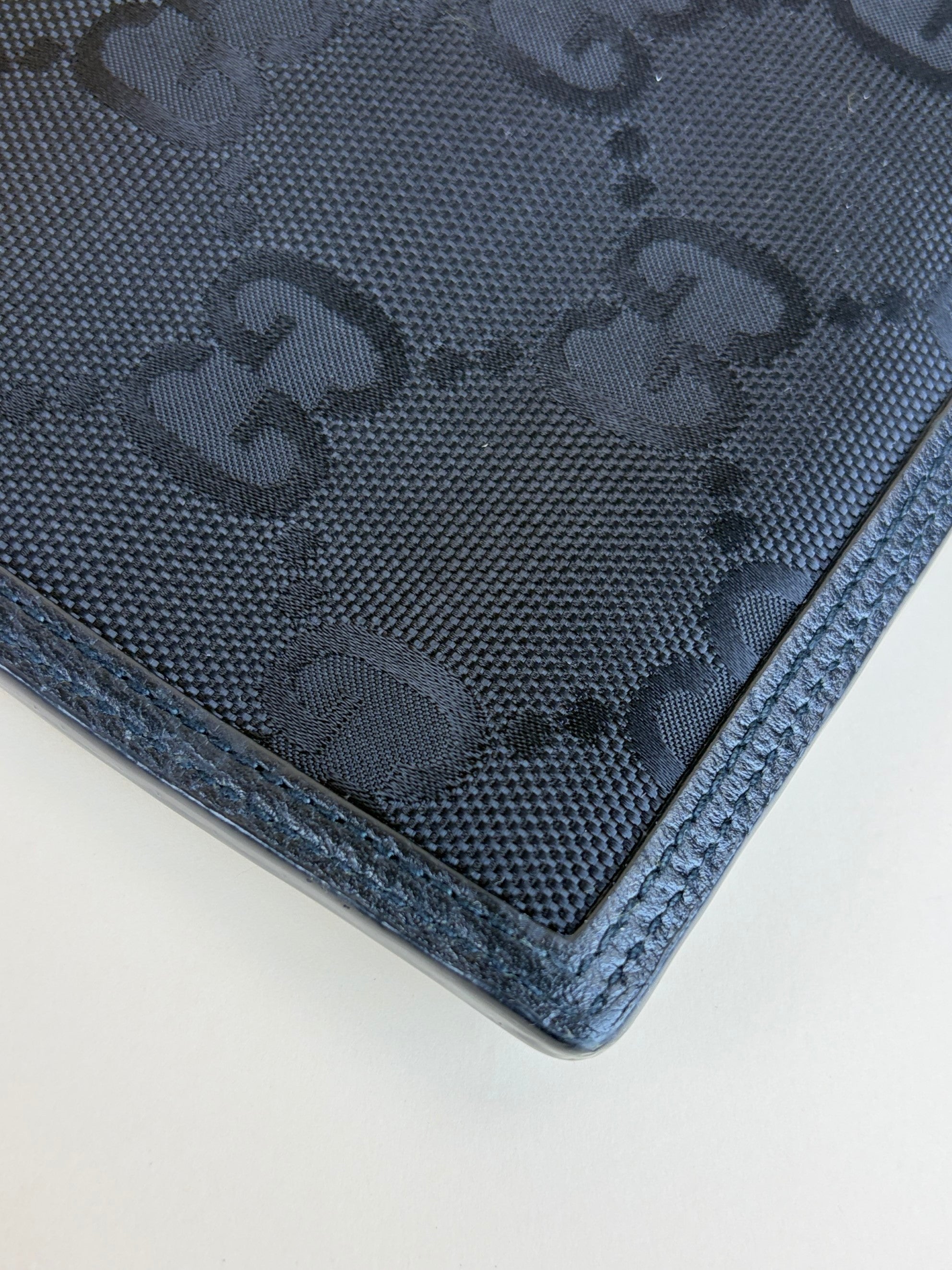 gucci black -off the grid leather- trimmed monogramed econyl canvas pouch