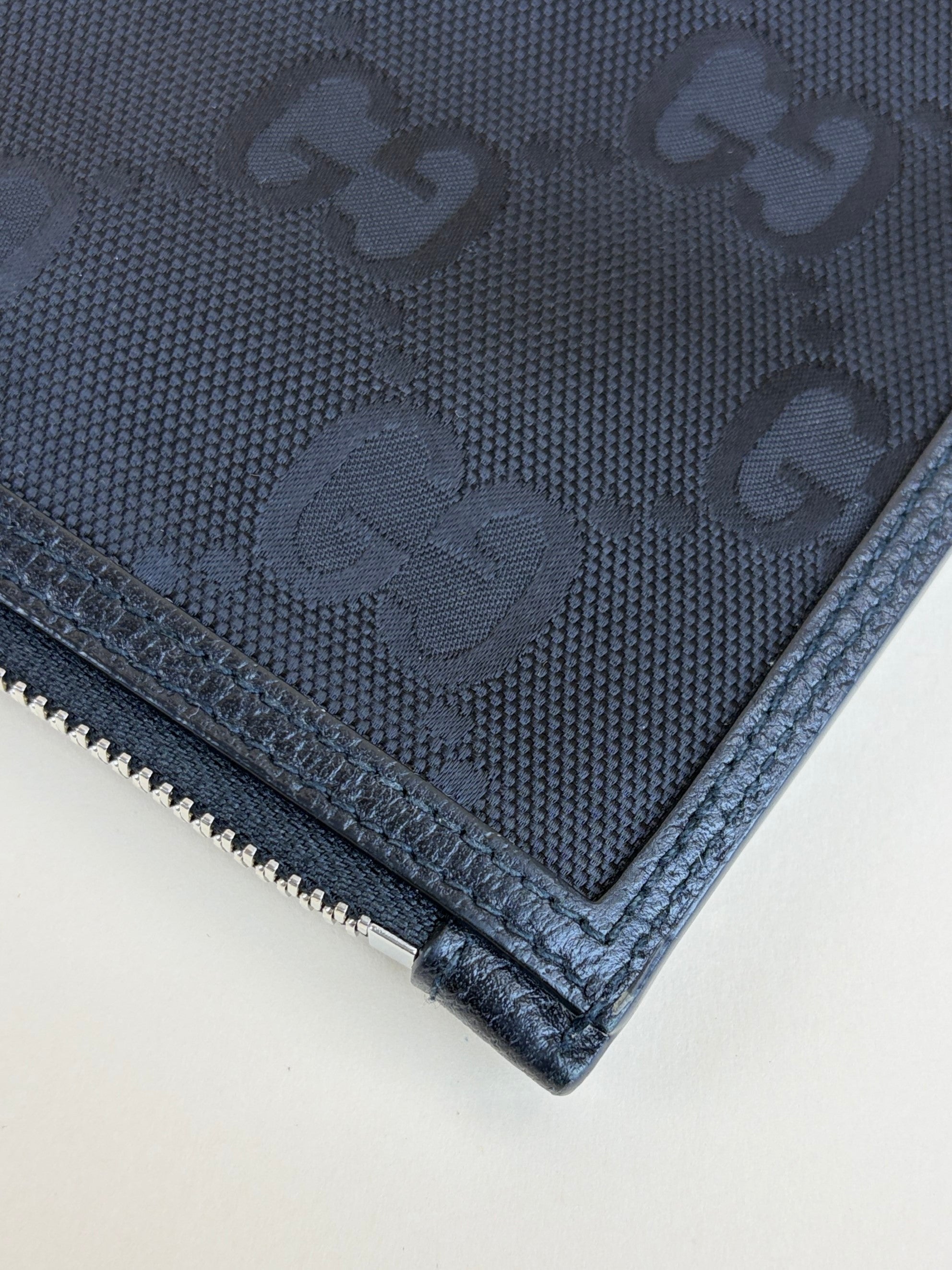 gucci black -off the grid leather- trimmed monogramed econyl canvas pouch