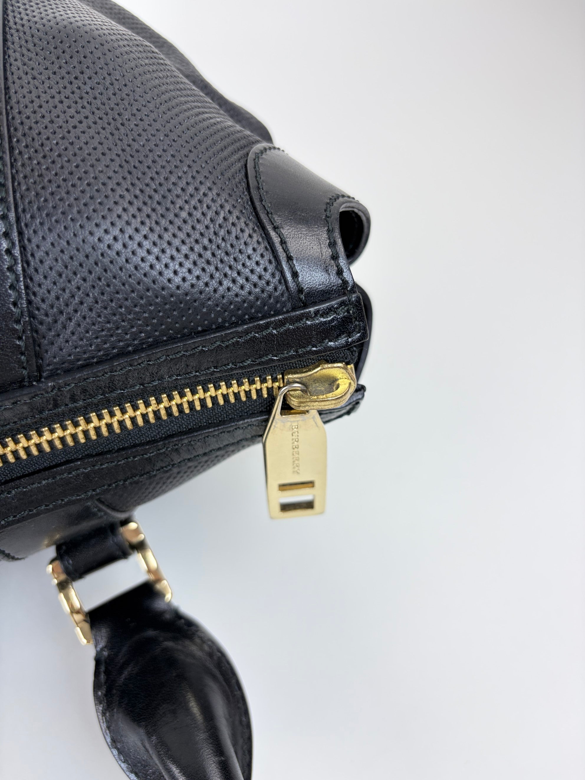 Burberry black perforated city leather dark charcoal check medium Ellers bag