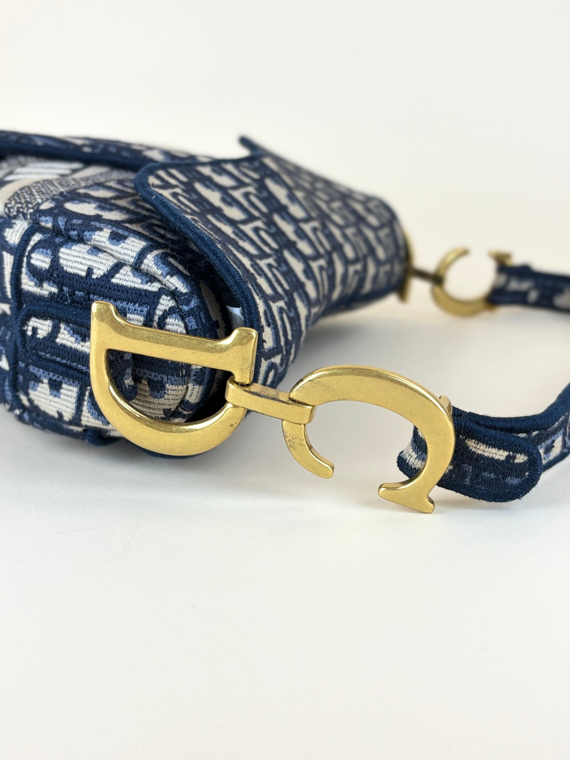 Christian Dior Blue Oblique Embroidered Saddle Bag