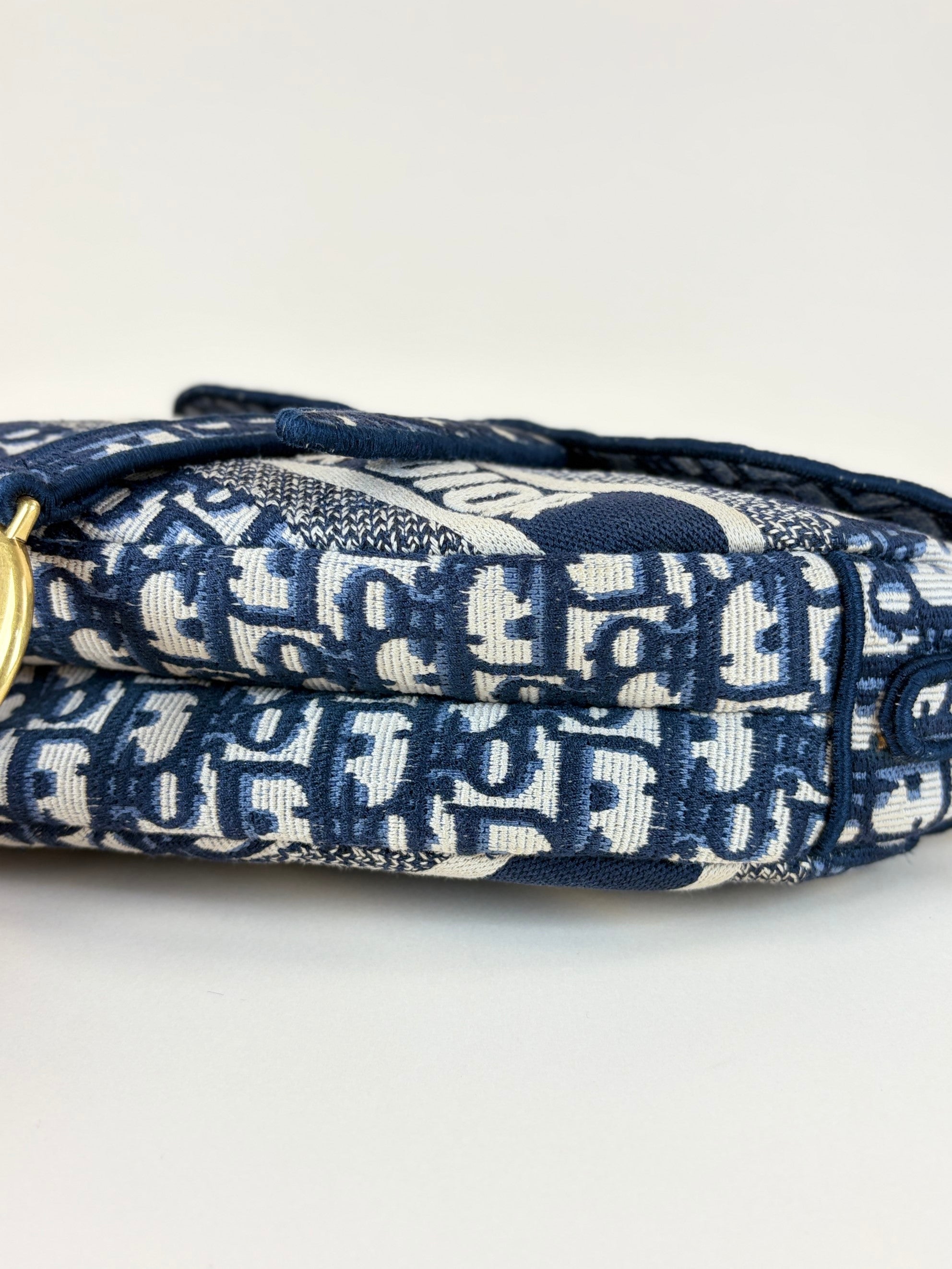 Christian Dior Blue Oblique Embroidered Saddle Bag