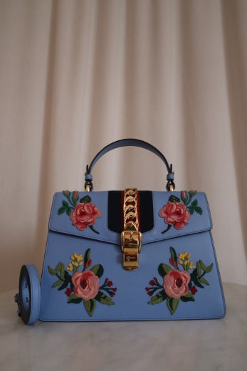 Gucci Blue Sylvie Floral Top Handle Bag