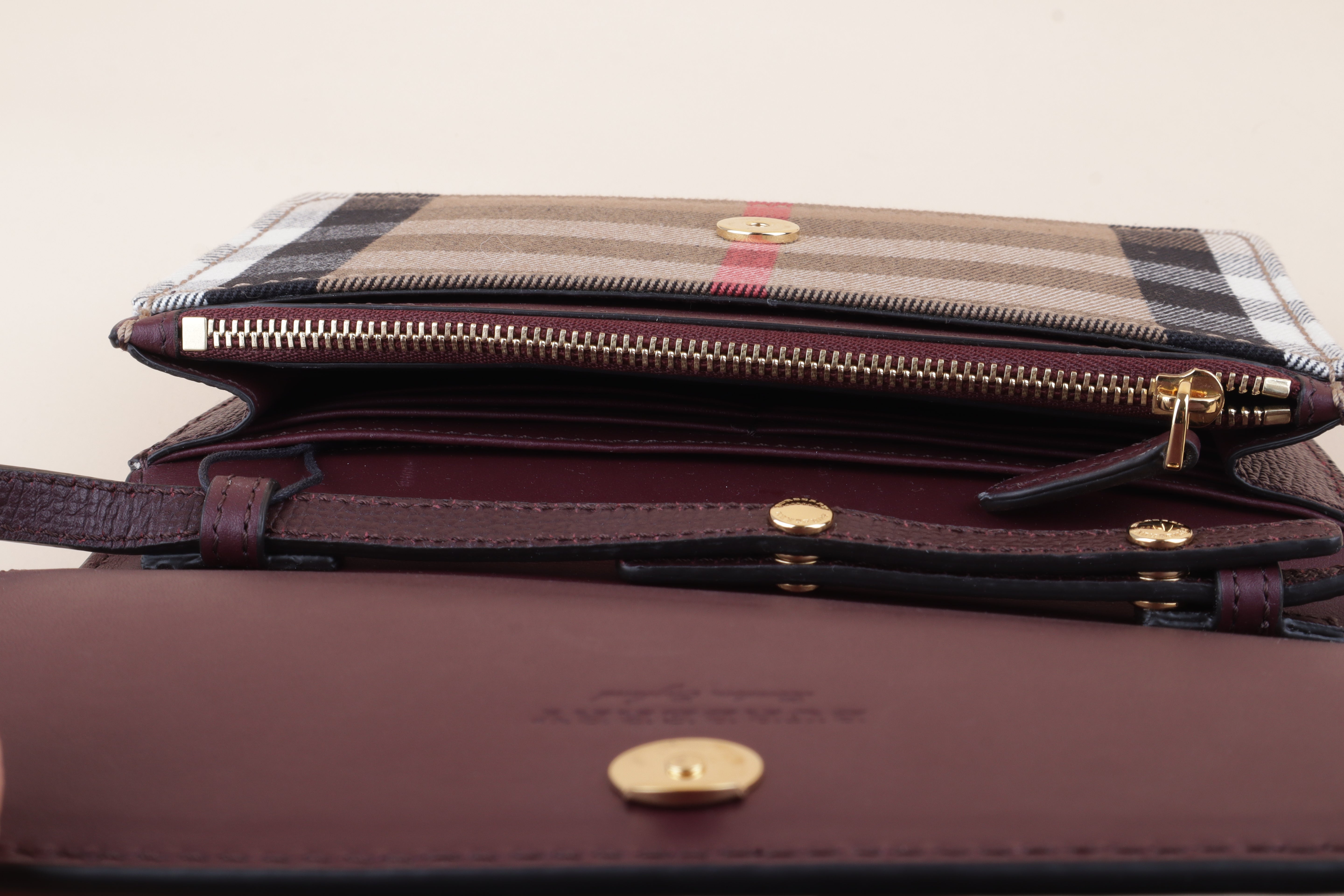 Burberry Burgundy House Check Pebbled Hampshire Crossbody Bag