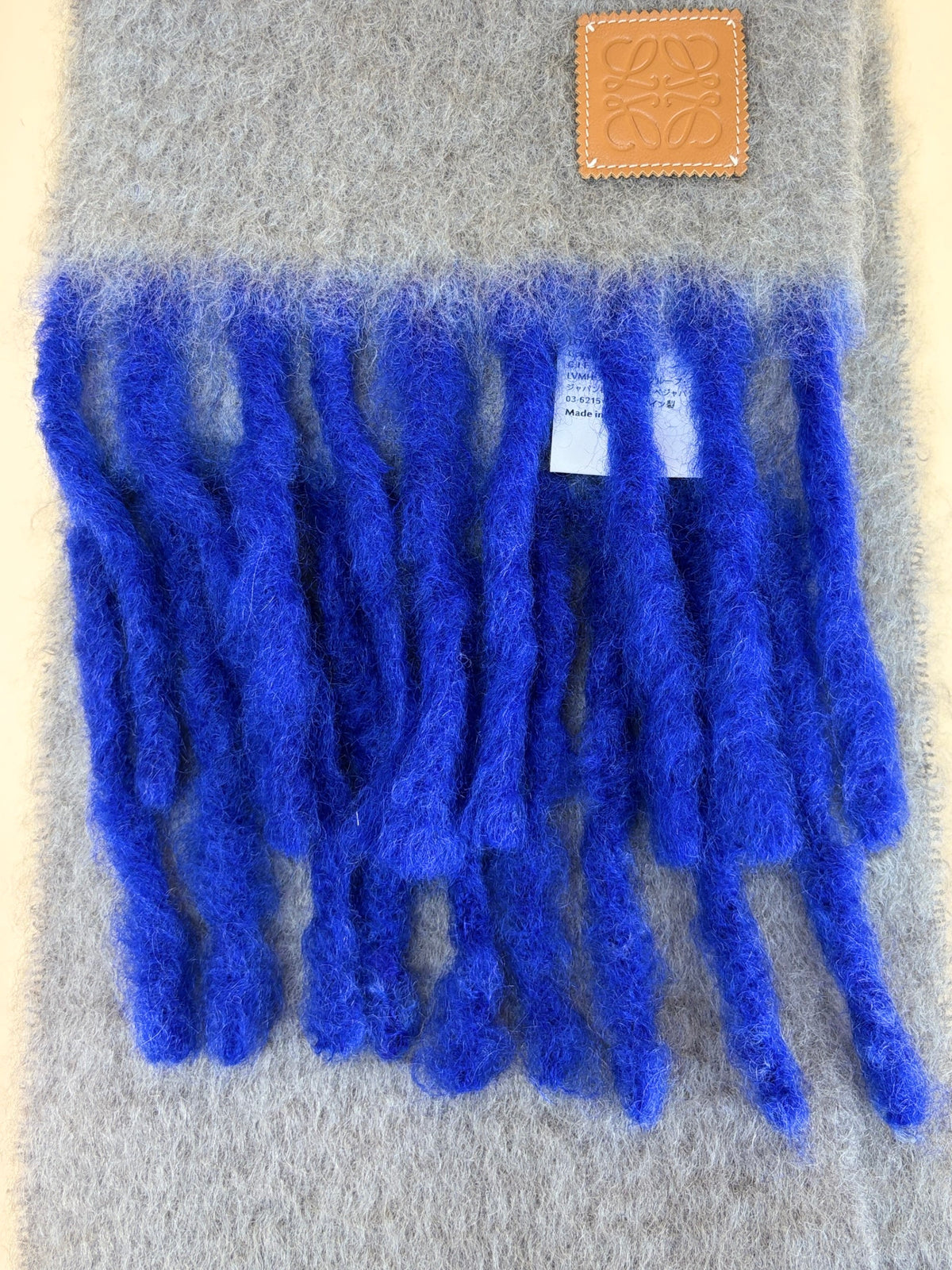 Loewe blue/grey fringed leather trimmed two tone mohair blend scarf