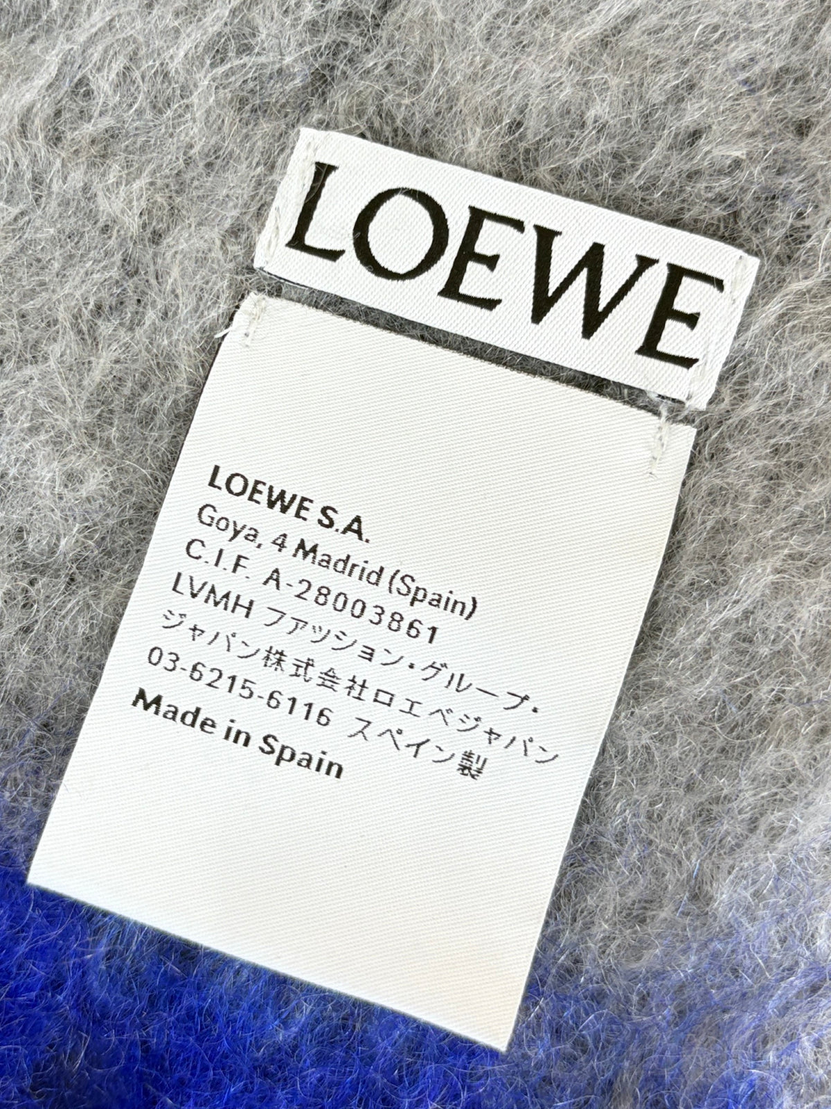Loewe blue/grey fringed leather trimmed two tone mohair blend scarf