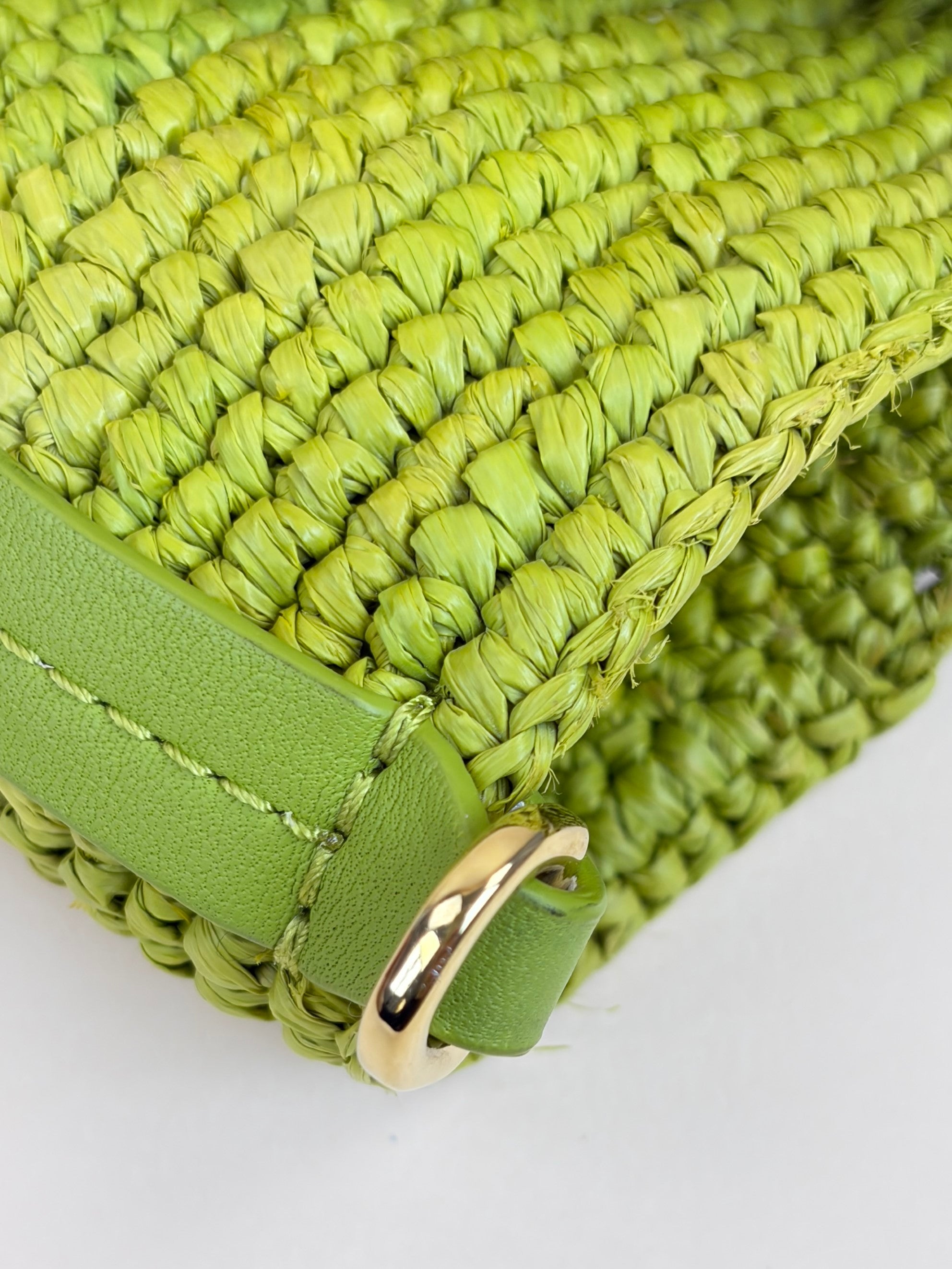 Loewe Meadow Green Raffia Mini Slit Tote Bag with Strap