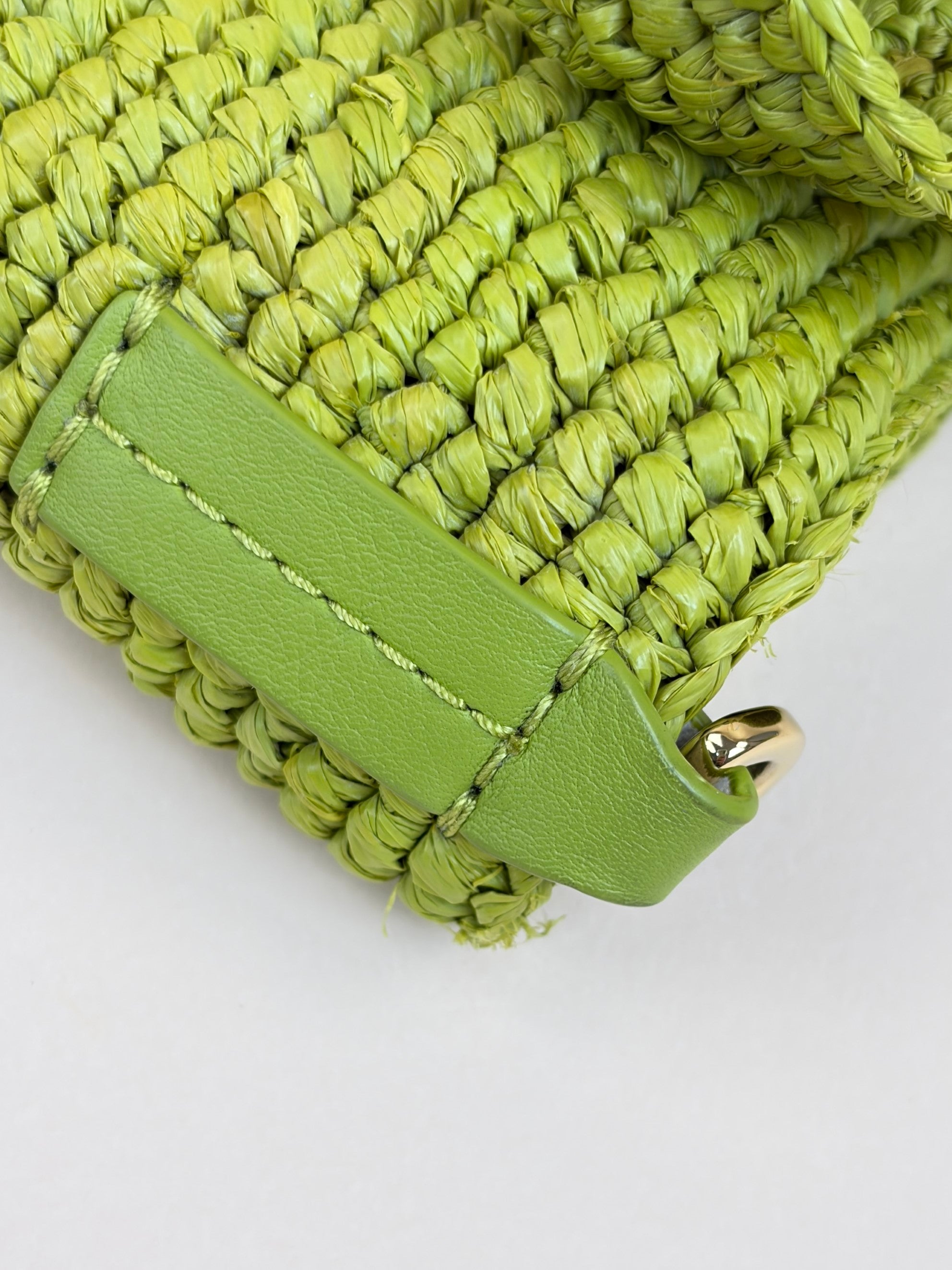 Loewe Meadow Green Raffia Mini Slit Tote Bag with Strap