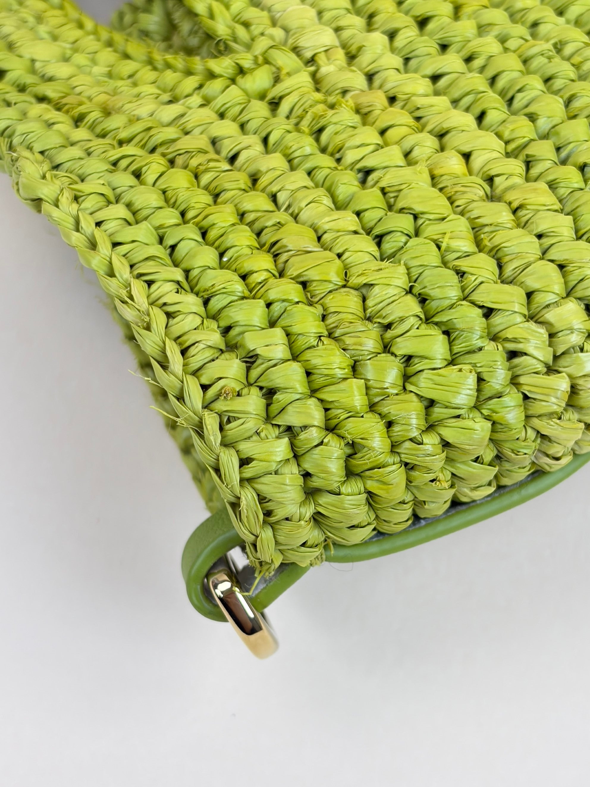 Loewe Meadow Green Raffia Mini Slit Tote Bag with Strap