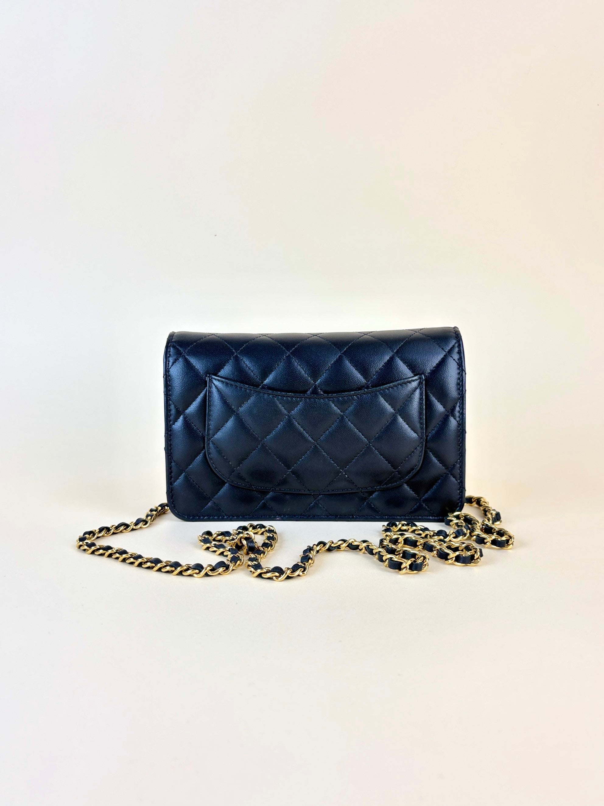 Chanel black lambskin quilted wallet on chain