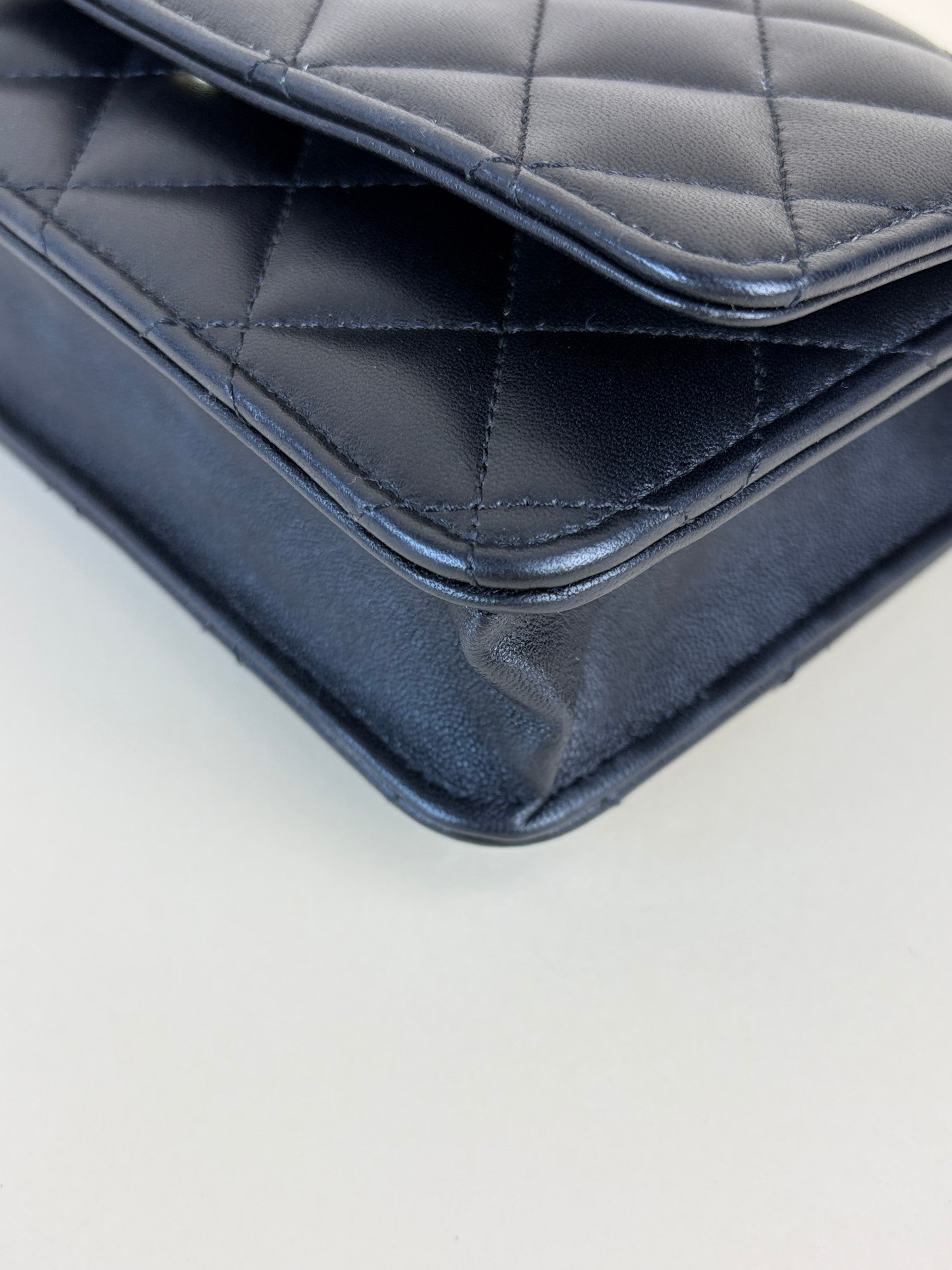 Chanel black lambskin quilted wallet on chain
