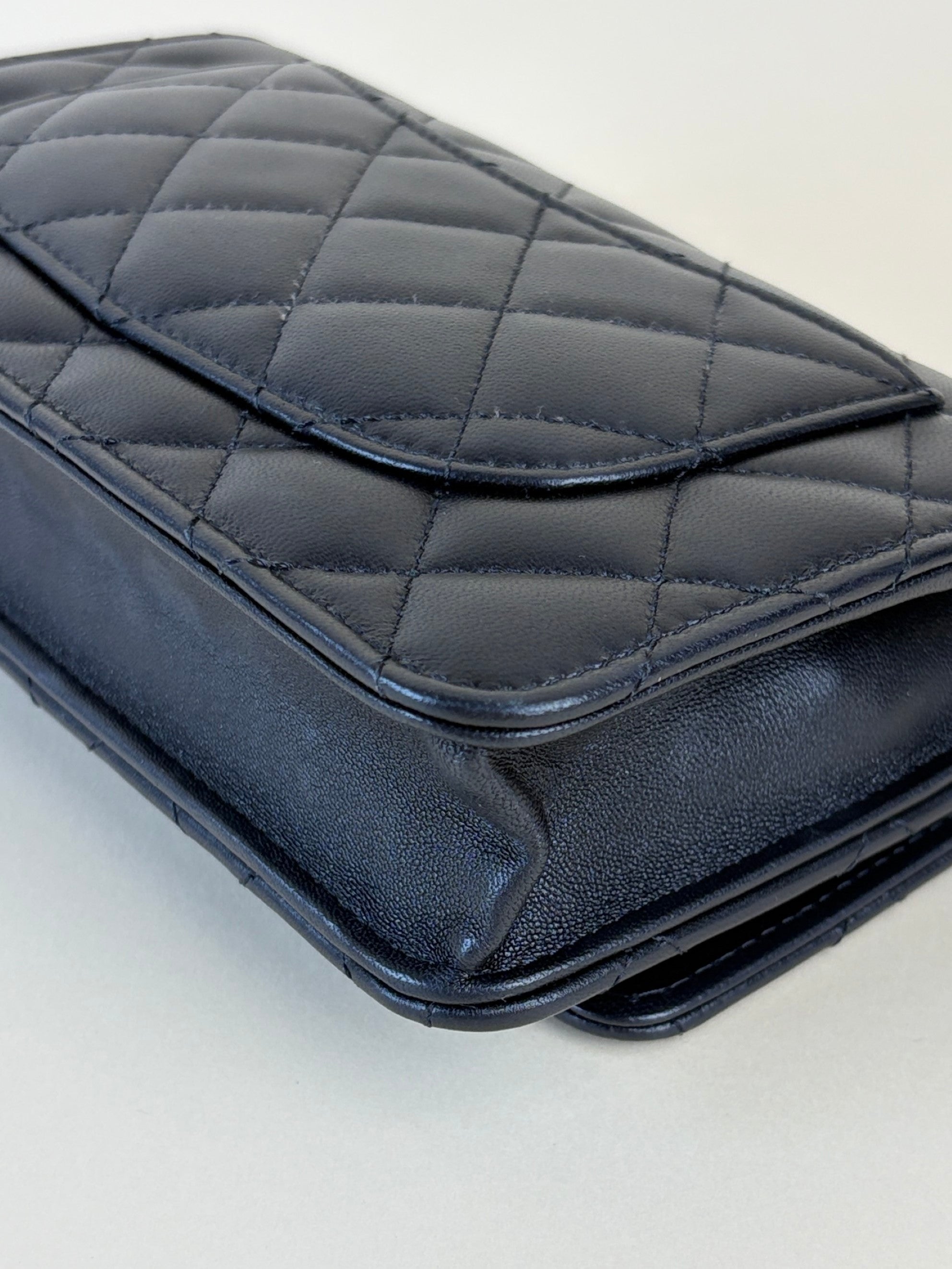 Chanel black lambskin quilted wallet on chain