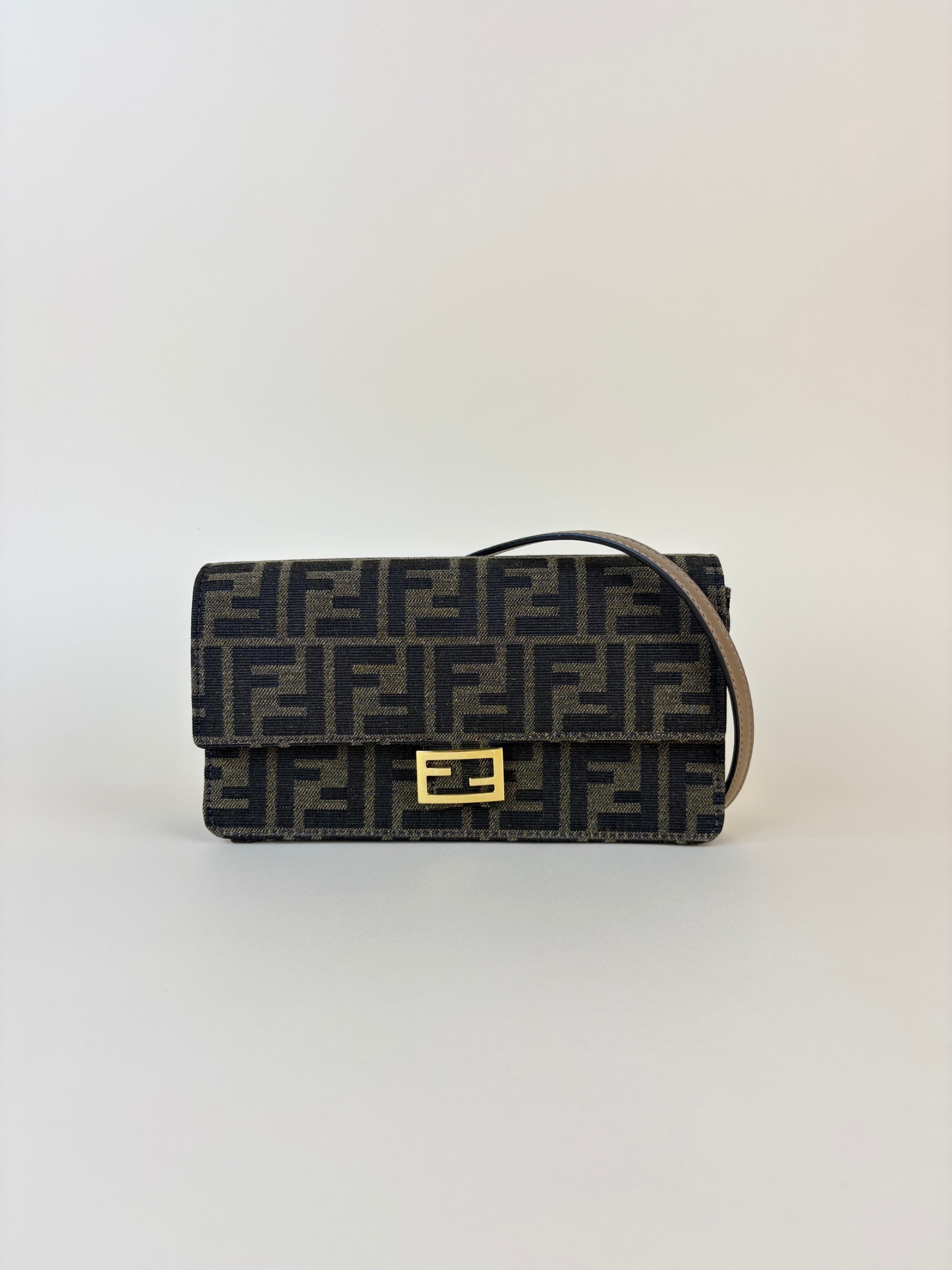 Fendi brown ff fabric wallet on chain baguette