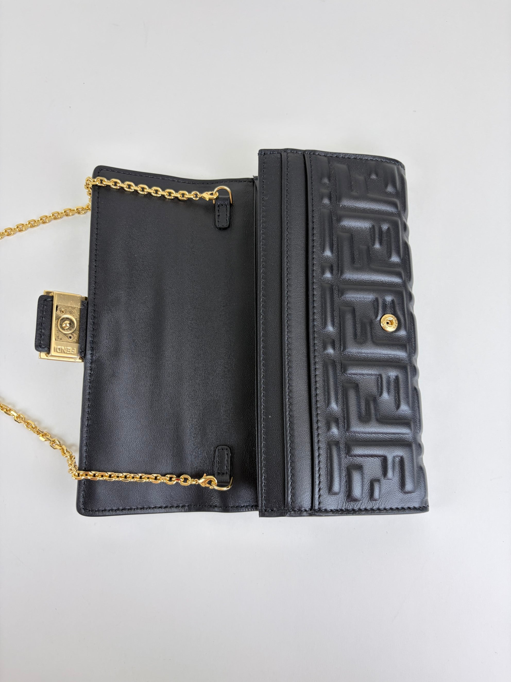 Fendi black embossed ff baguette continental wallet on chain