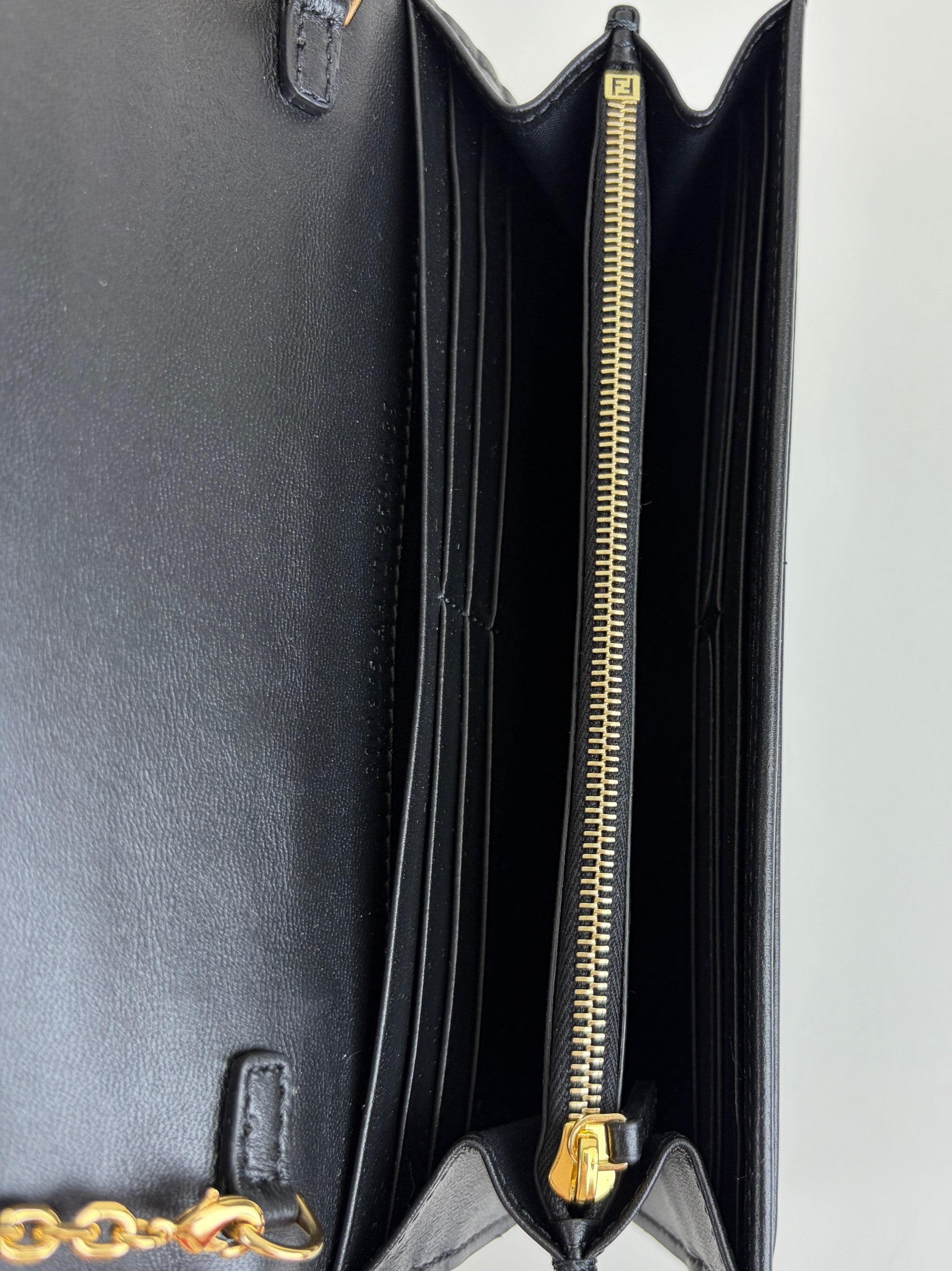 Fendi black embossed ff baguette continental wallet on chain