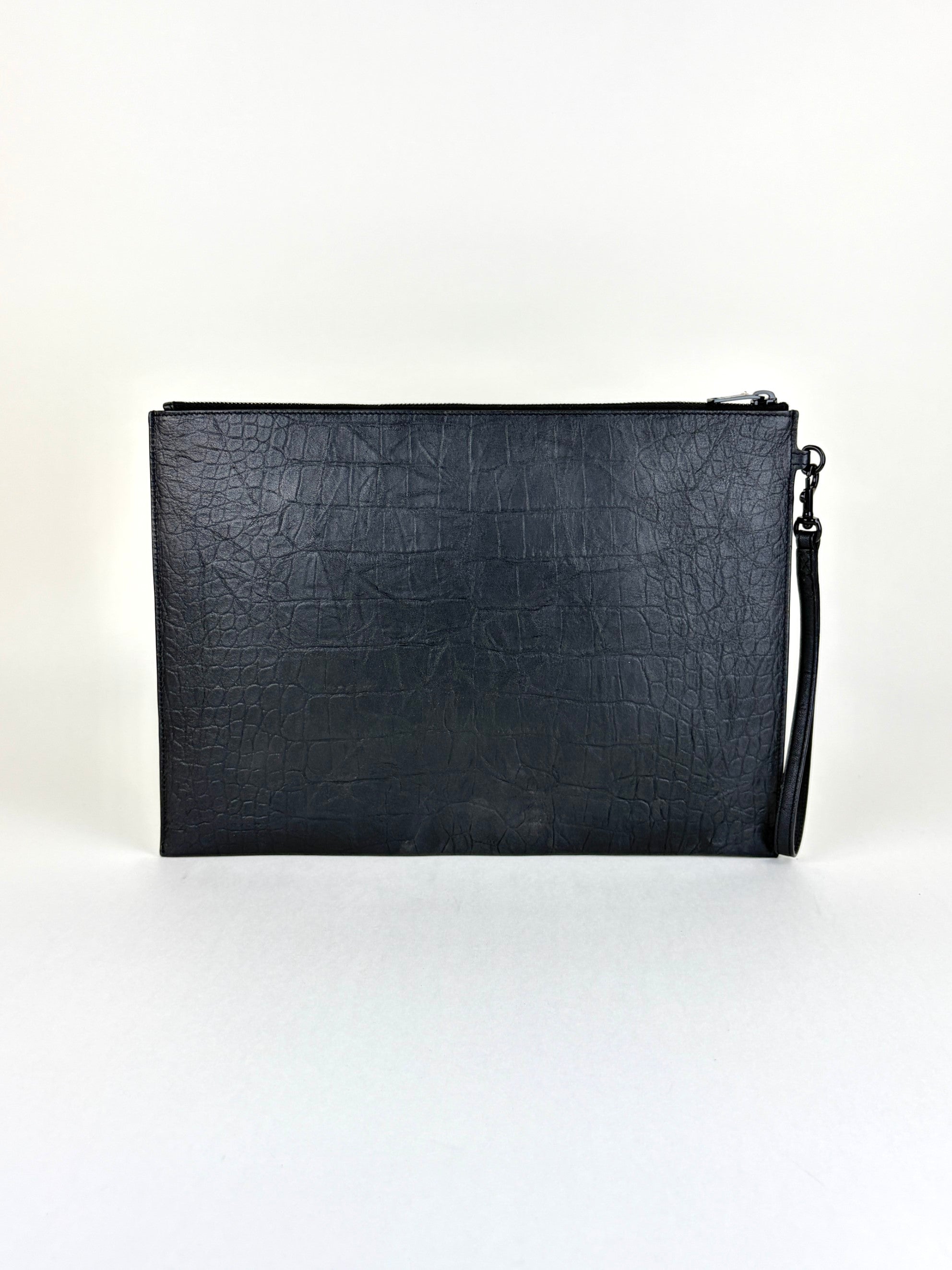 YSL black crocodile embossed monogram document pouch